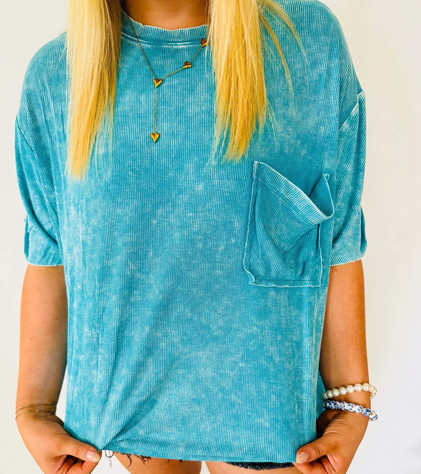 Washed Ribbed Short Sleeve Top- Turquoise