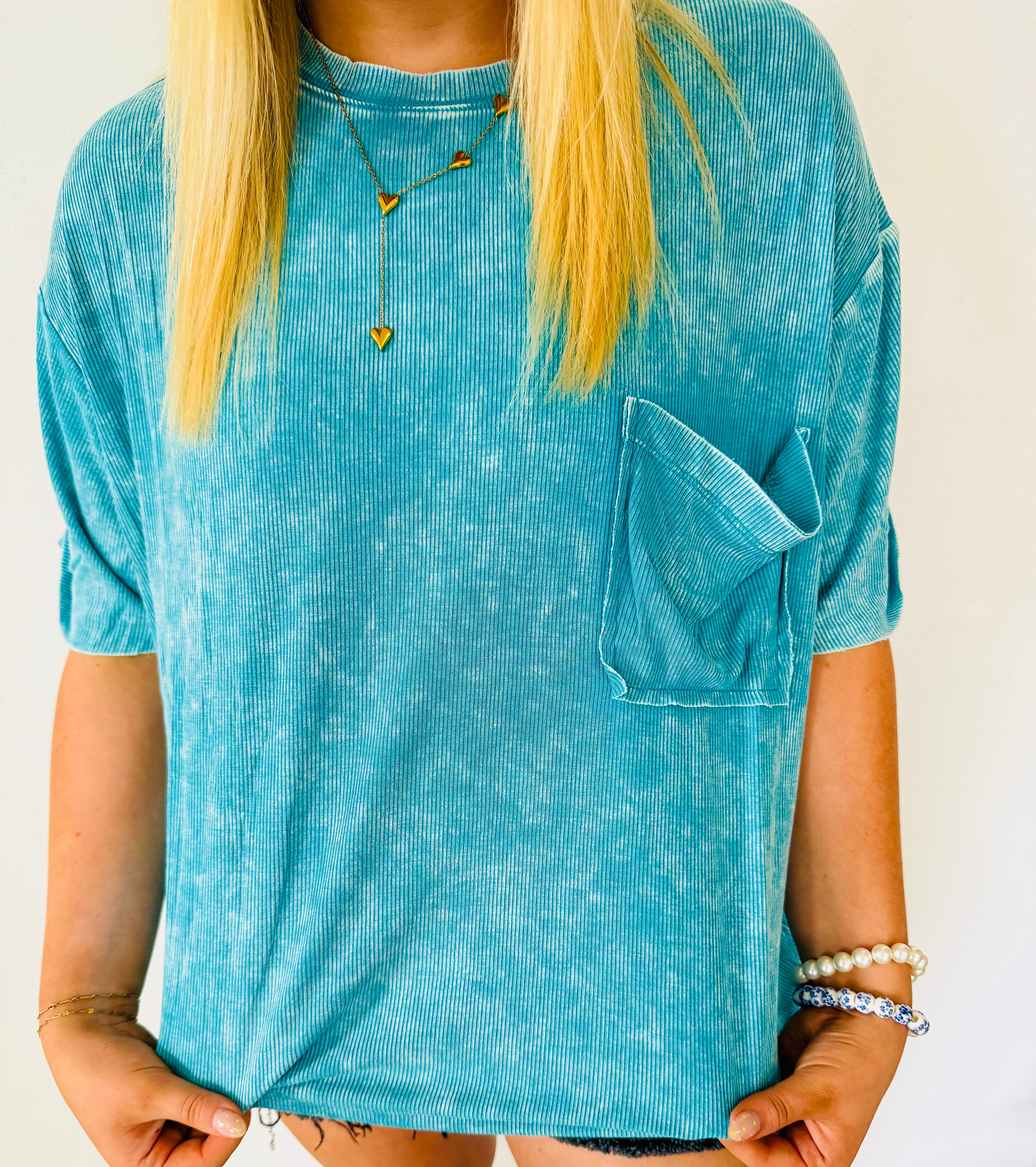 Washed Ribbed Short Sleeve Top- Turquoise
