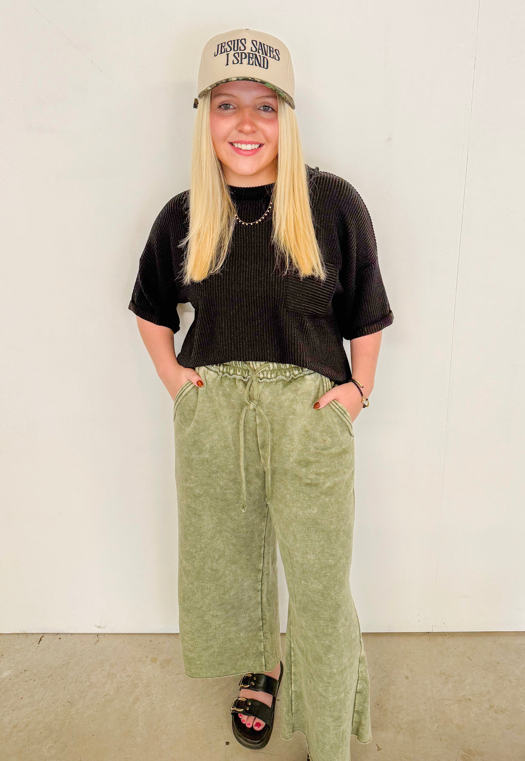 Acid Wash Fleece Sweatpants w/ Pockets- Olive