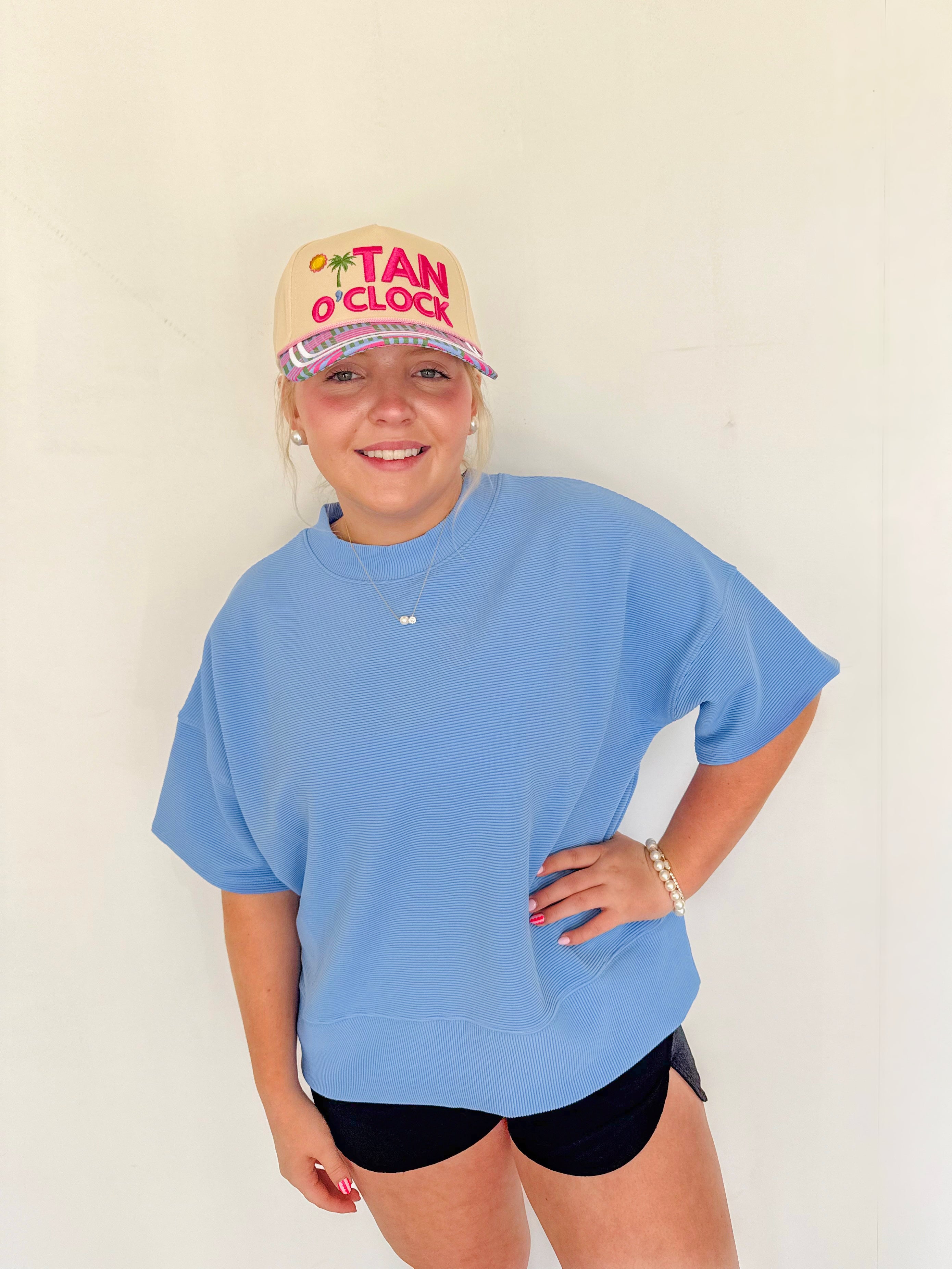 Ribbed Round Neck Top- Cornflower Blue