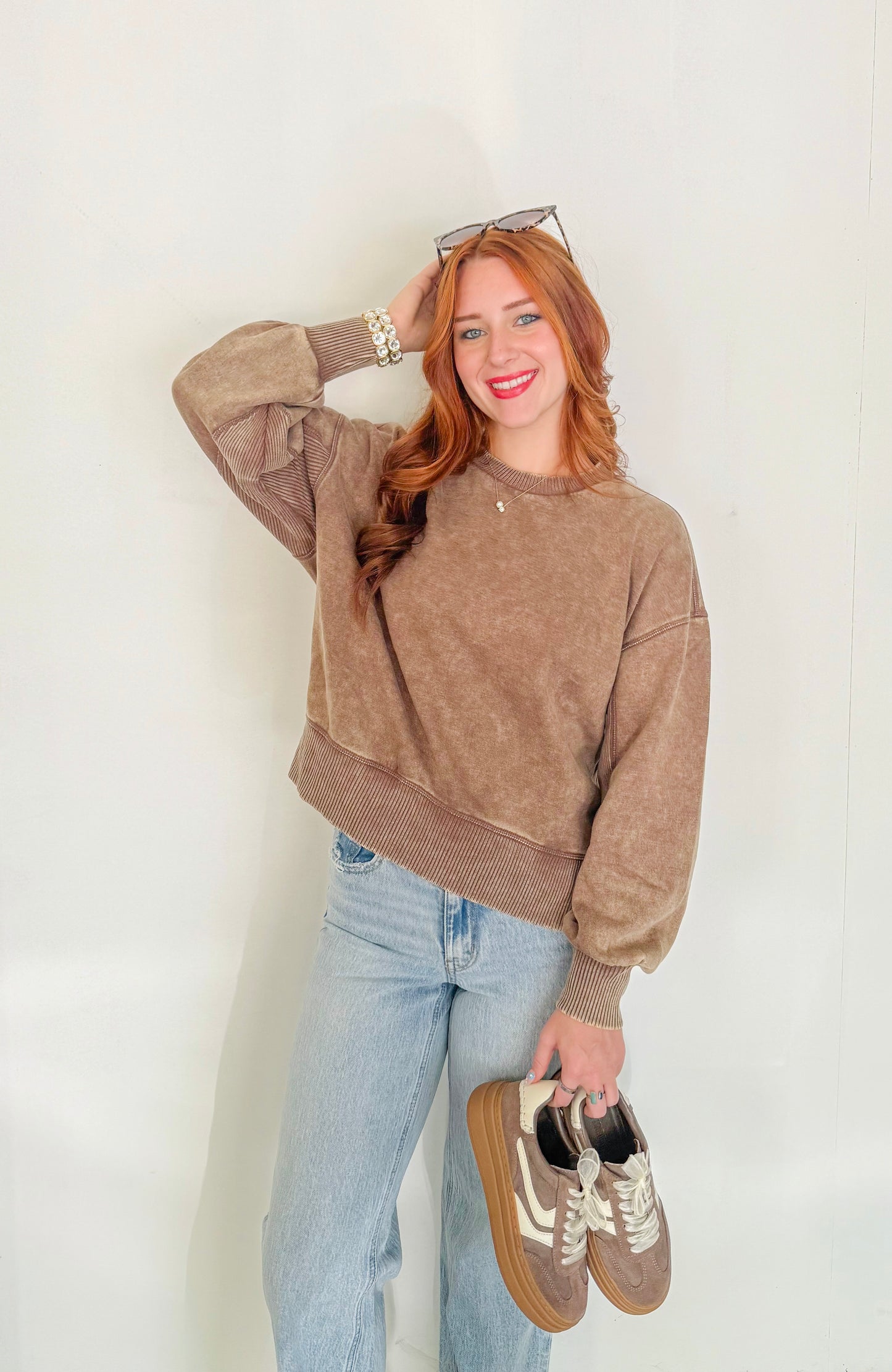 Acid Wash Fleece Sweatshirt- Mocha