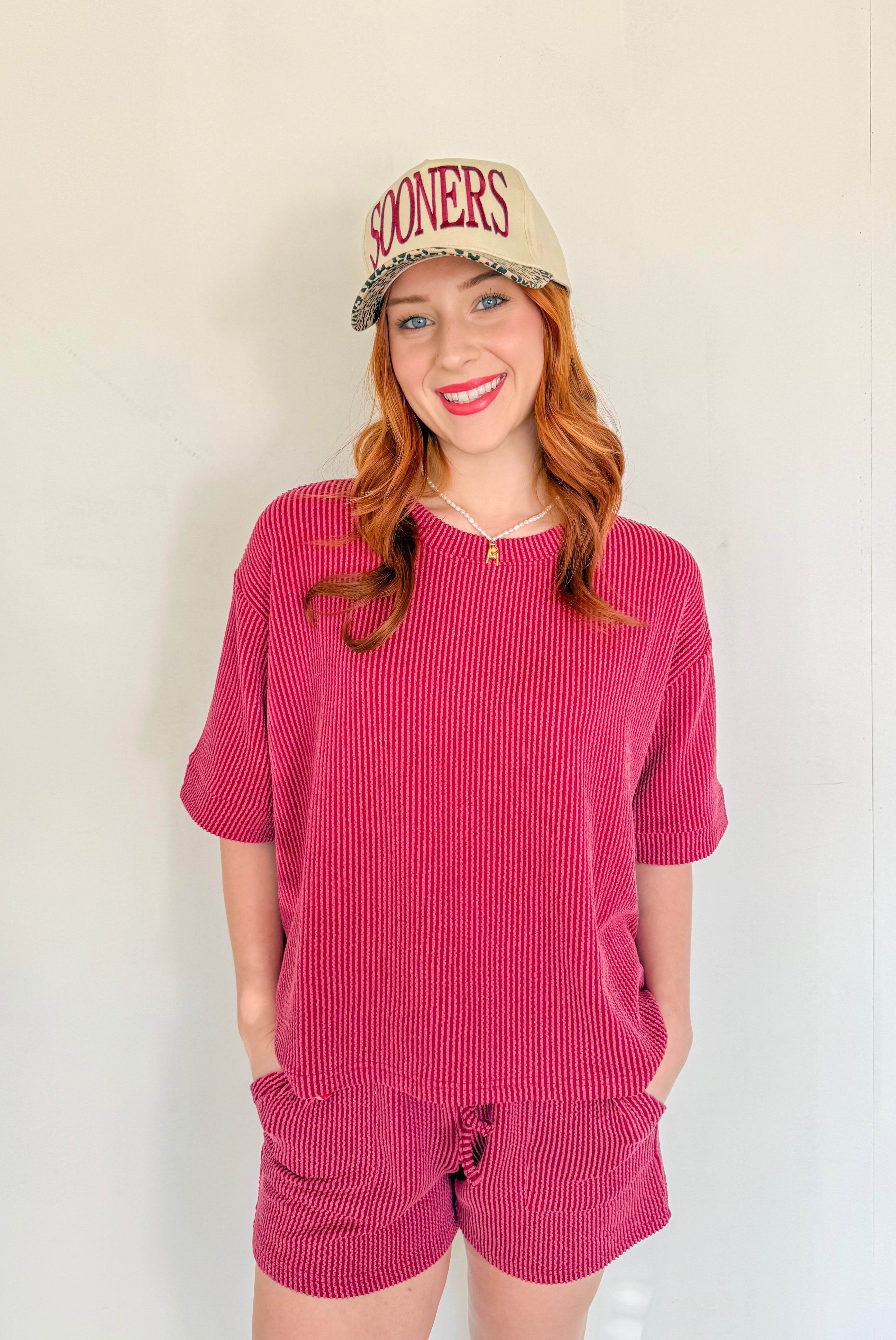 Ribbed Short Sleeve Tee and Short Sets- Crimson