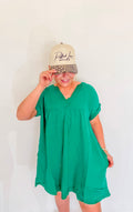 Raw Edge Gauze V-Neck Dress- Kelly Green