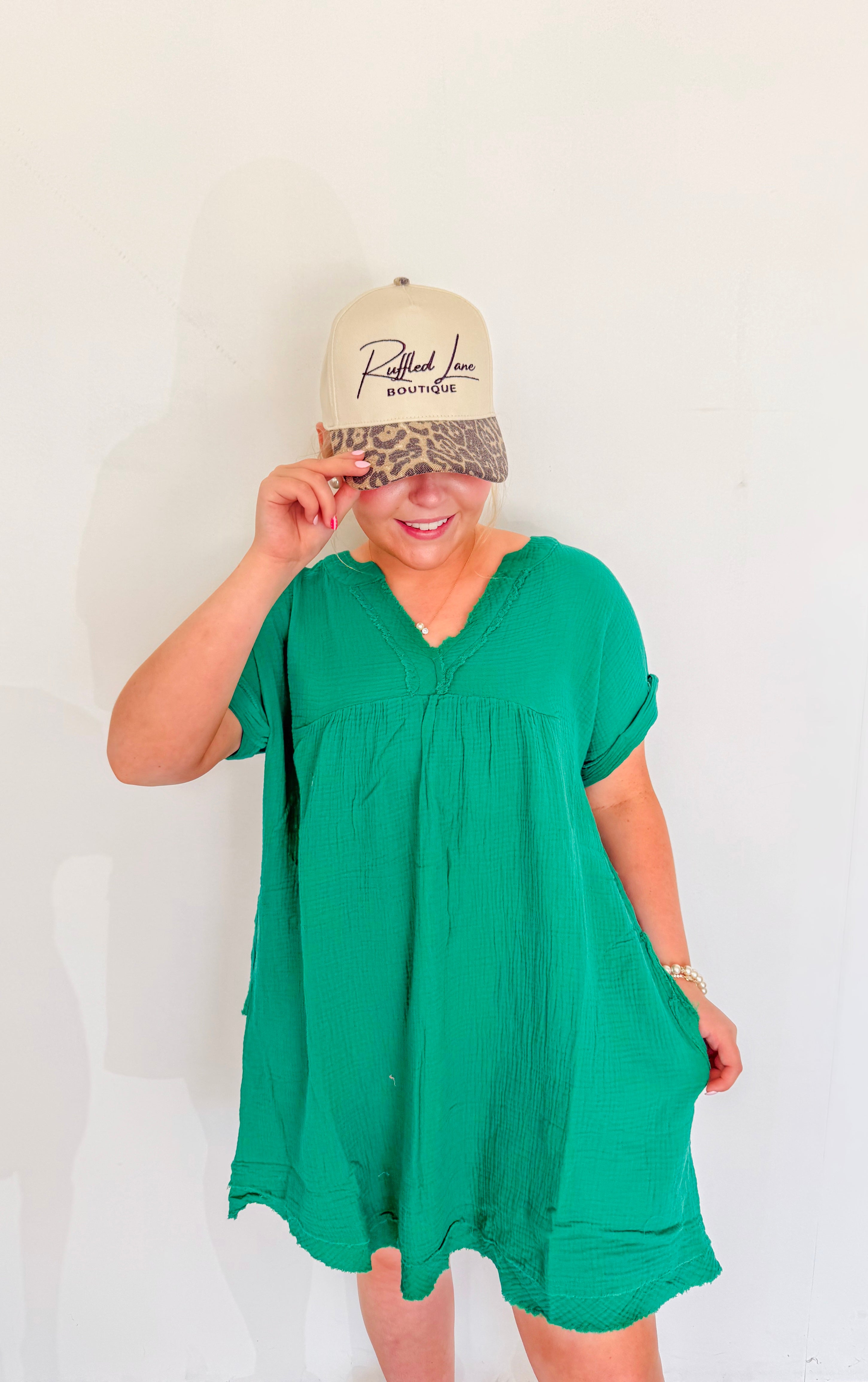 Raw Edge Gauze V-Neck Dress- Kelly Green