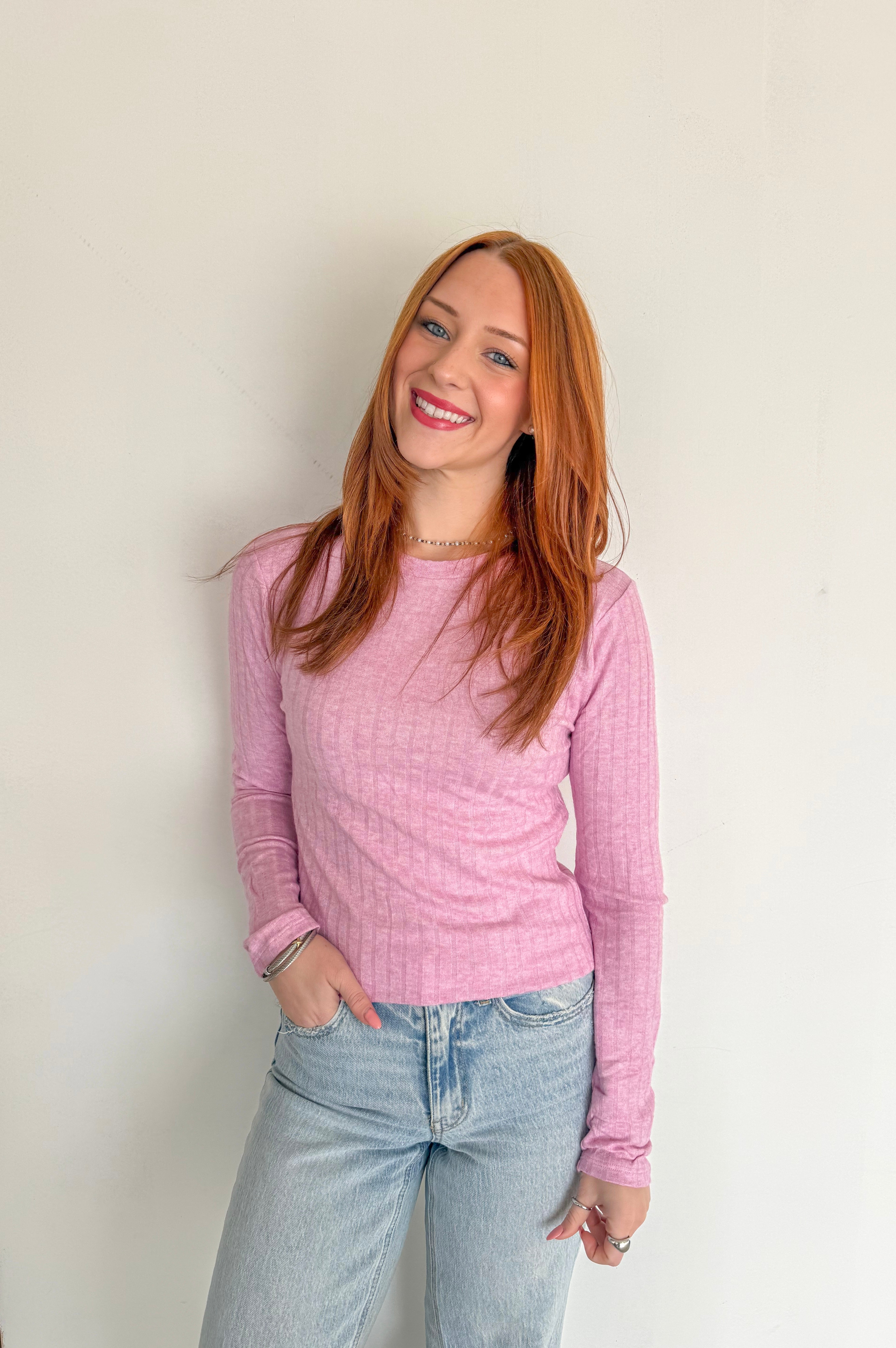 Soft Ribbed Long Sleeve Top- Mauve