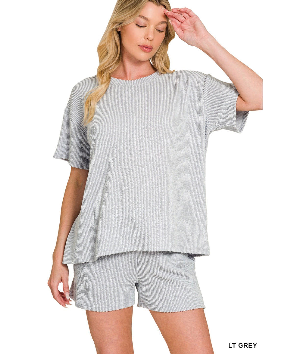 Ribbed Short Sleeve Tee and Short Sets- Blue Grey