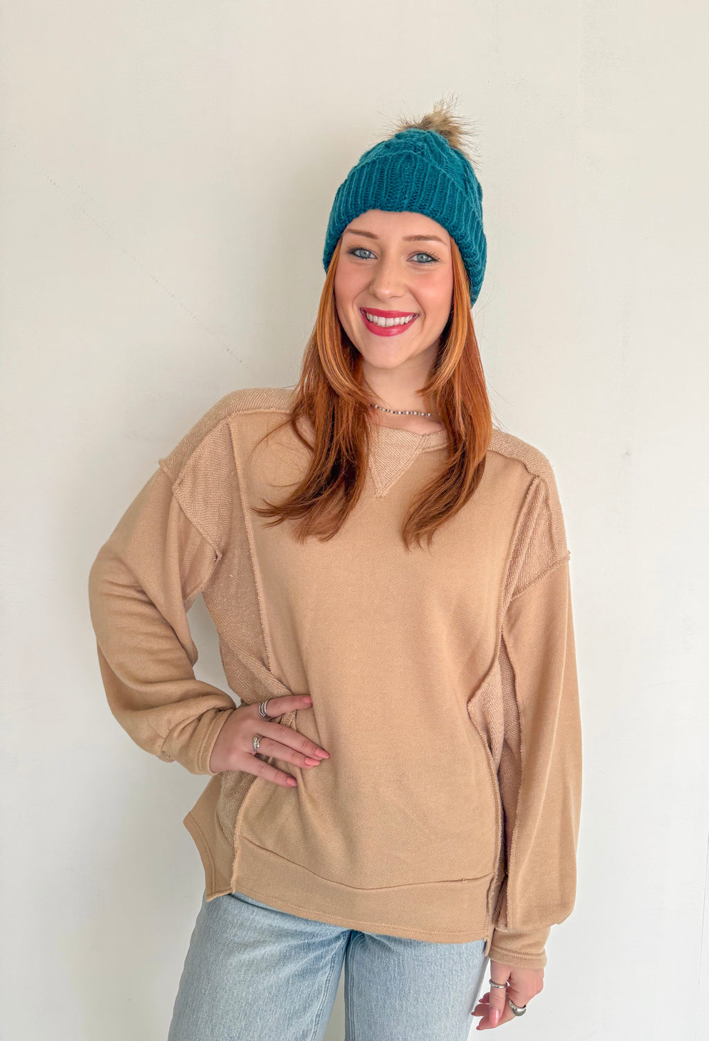 Terry Knit Exposed Stitch Pullover- Beige