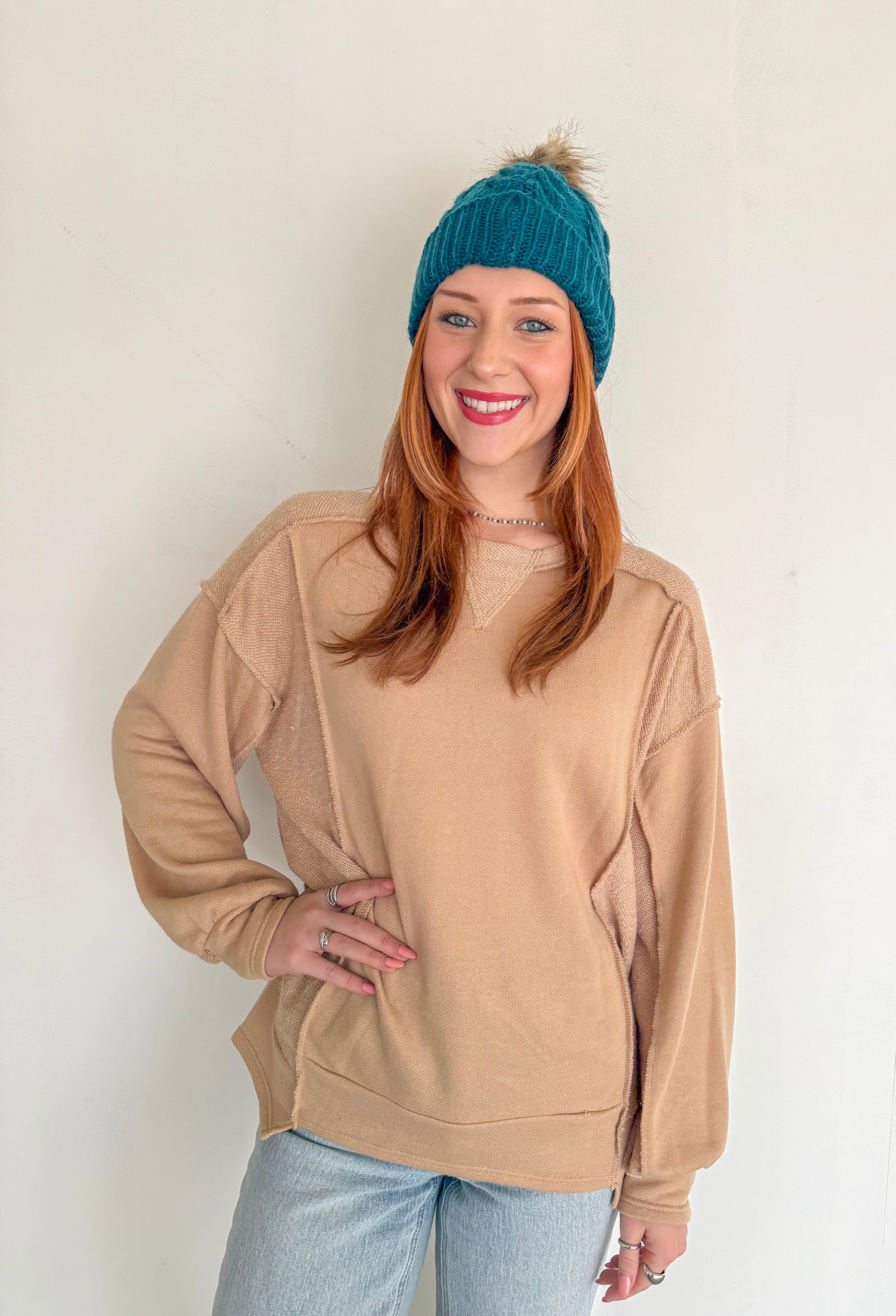 Terry Knit Exposed Stitch Pullover- Beige