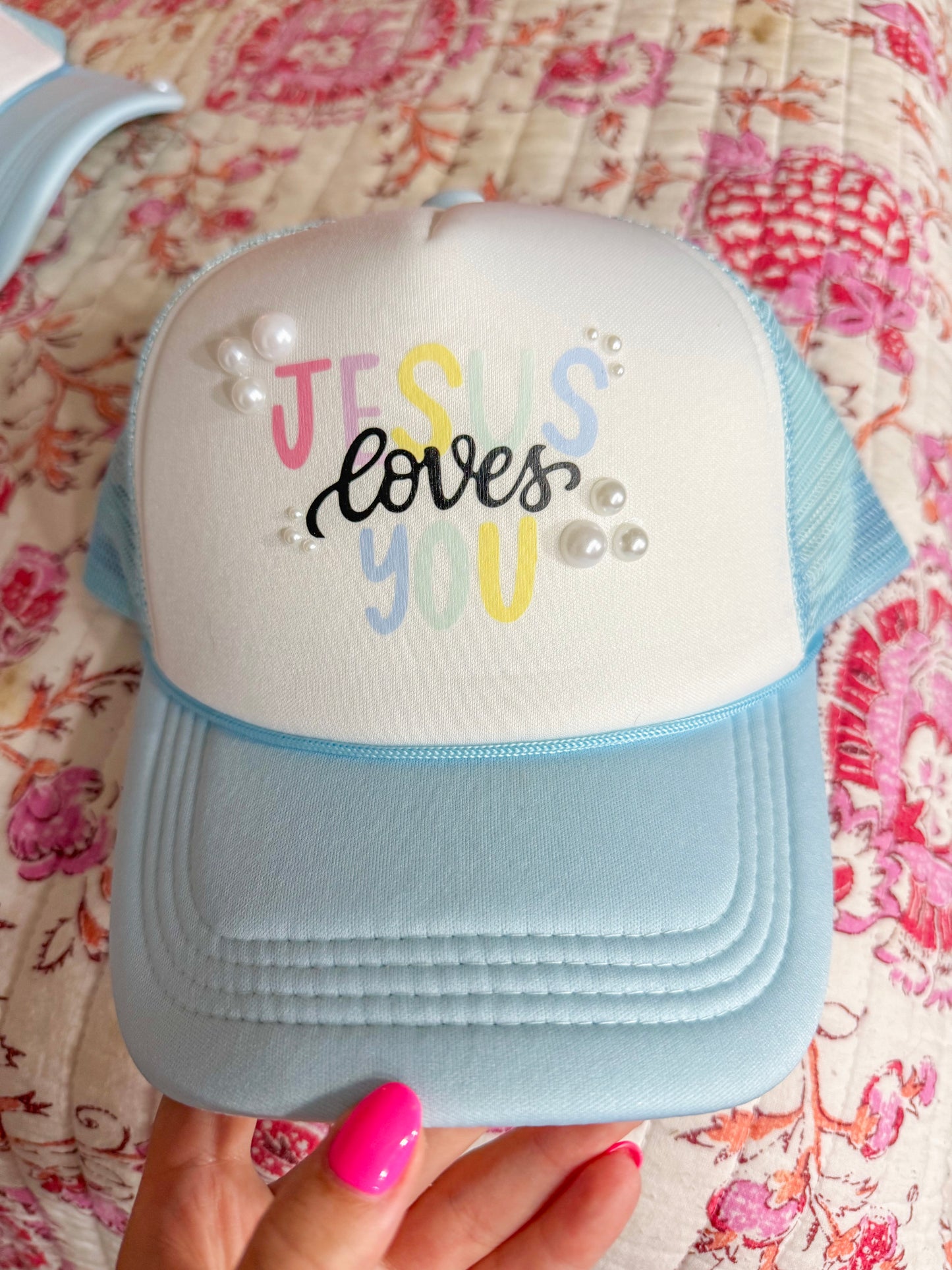 Jesus Loves You Pearl Trucker Hat w/ Hat Chain