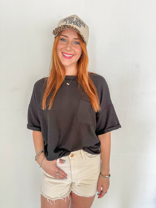 Ribbed Short Sleeve Top- Black