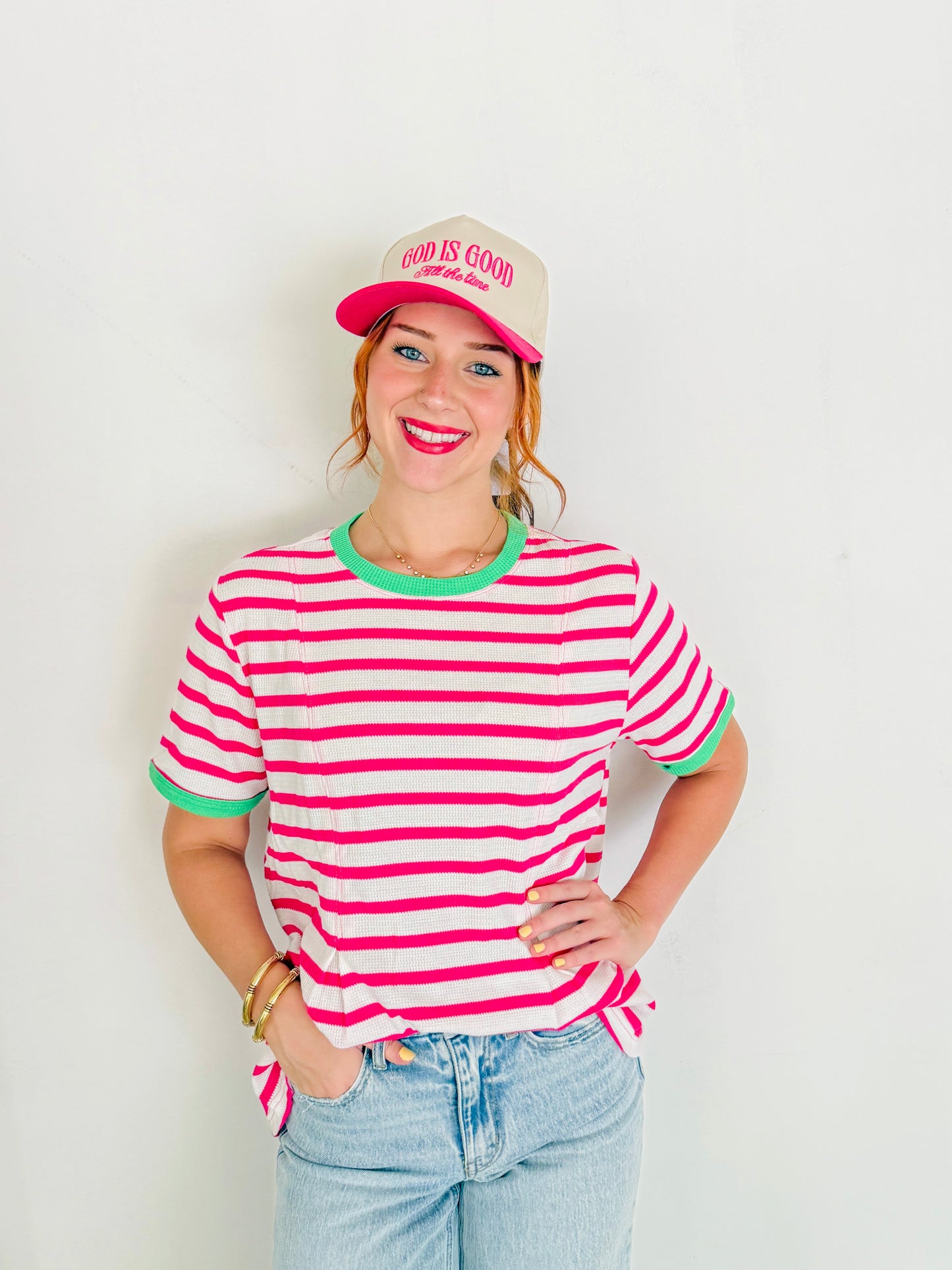 Waffle Knit Stripe Contrast Trim Top- Pink & Green