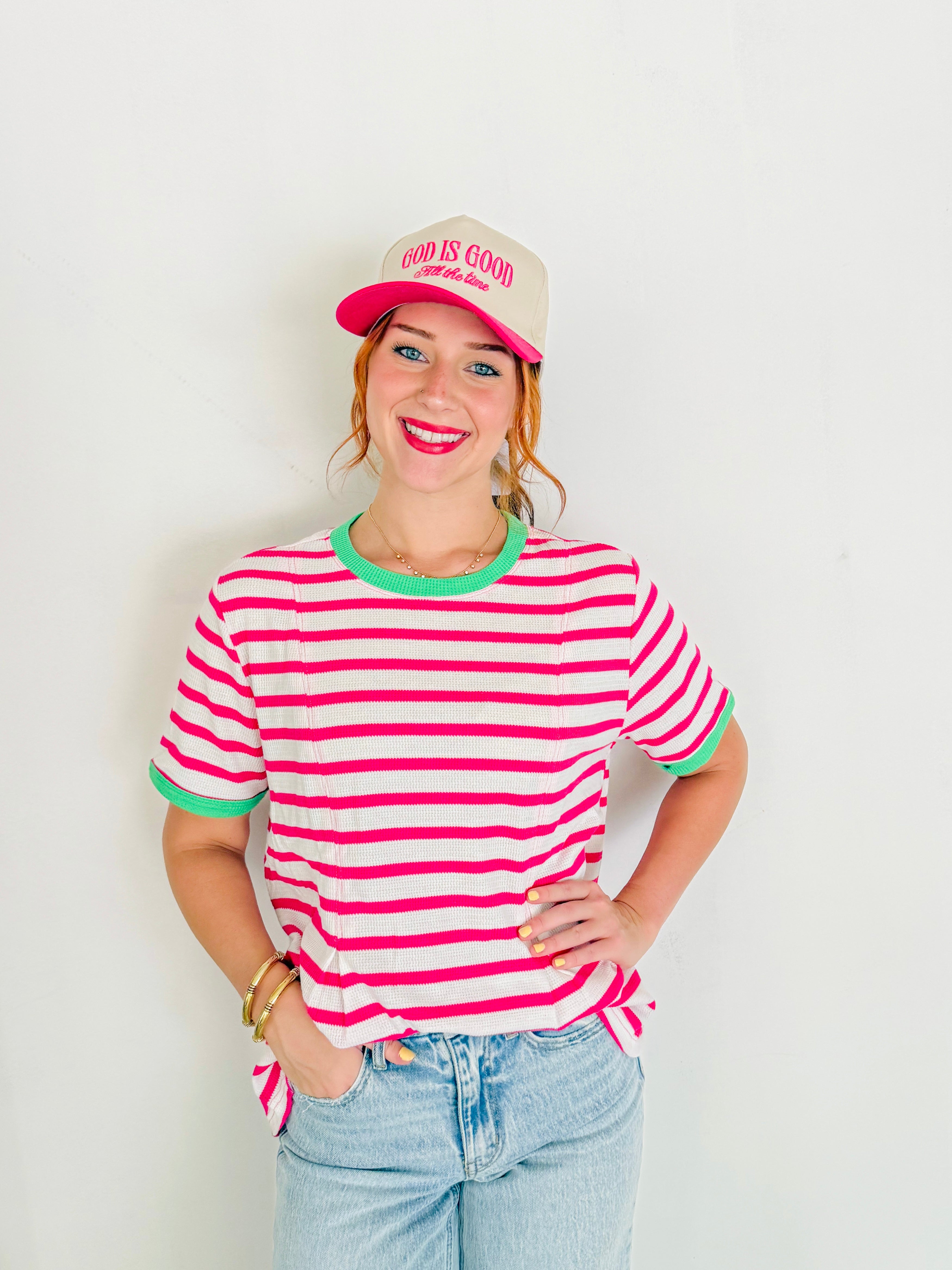 Waffle Knit Stripe Contrast Trim Top- Pink & Green