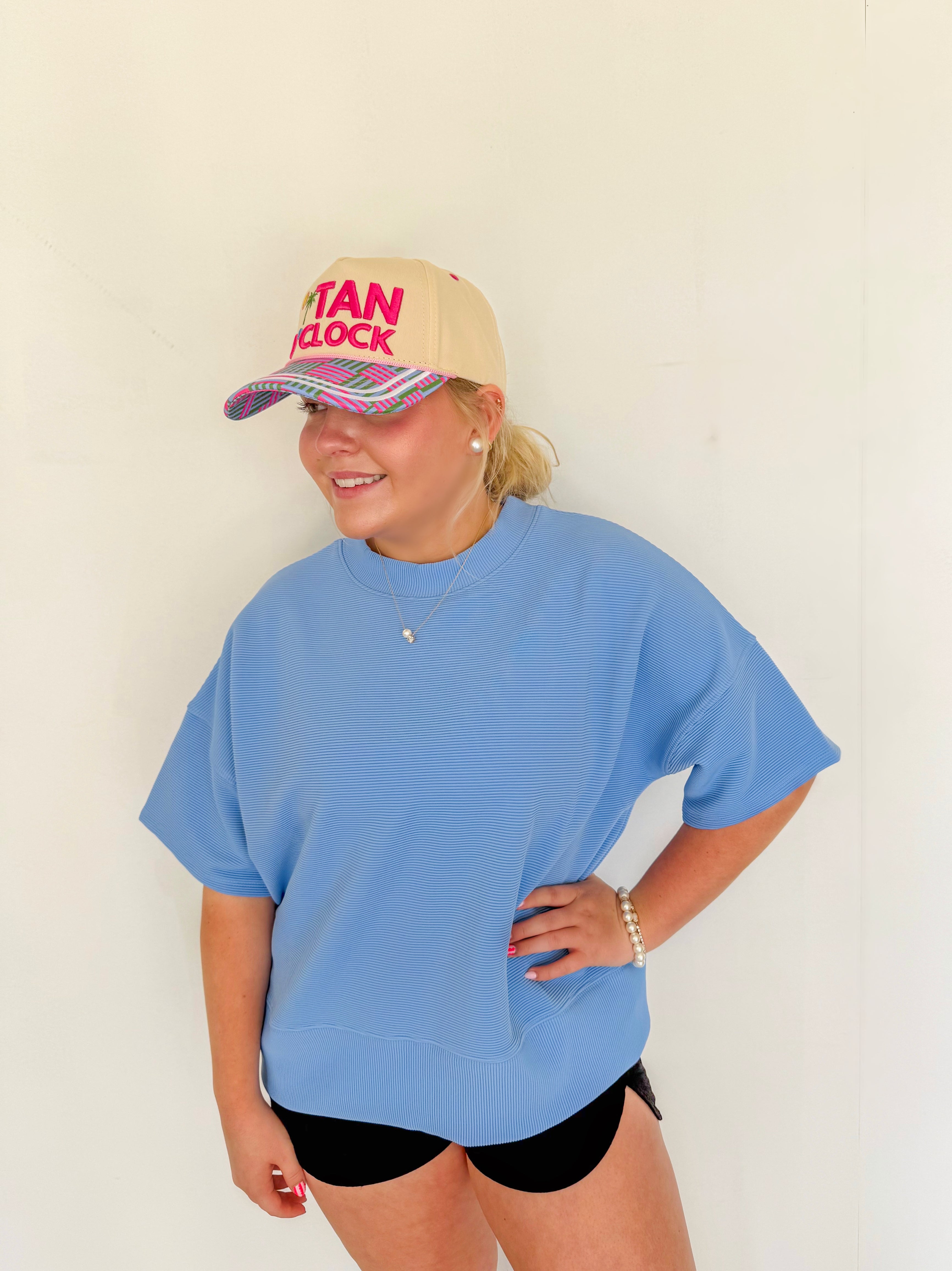 Ribbed Round Neck Top- Cornflower Blue