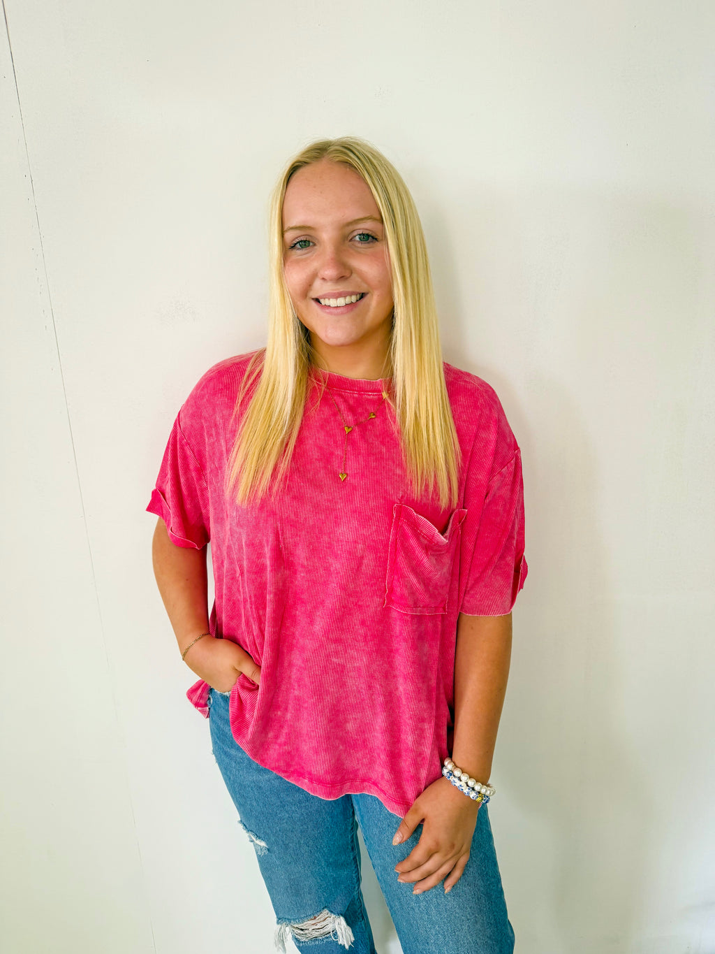 Washed Ribbed Short Sleeve Top- Hot Pink