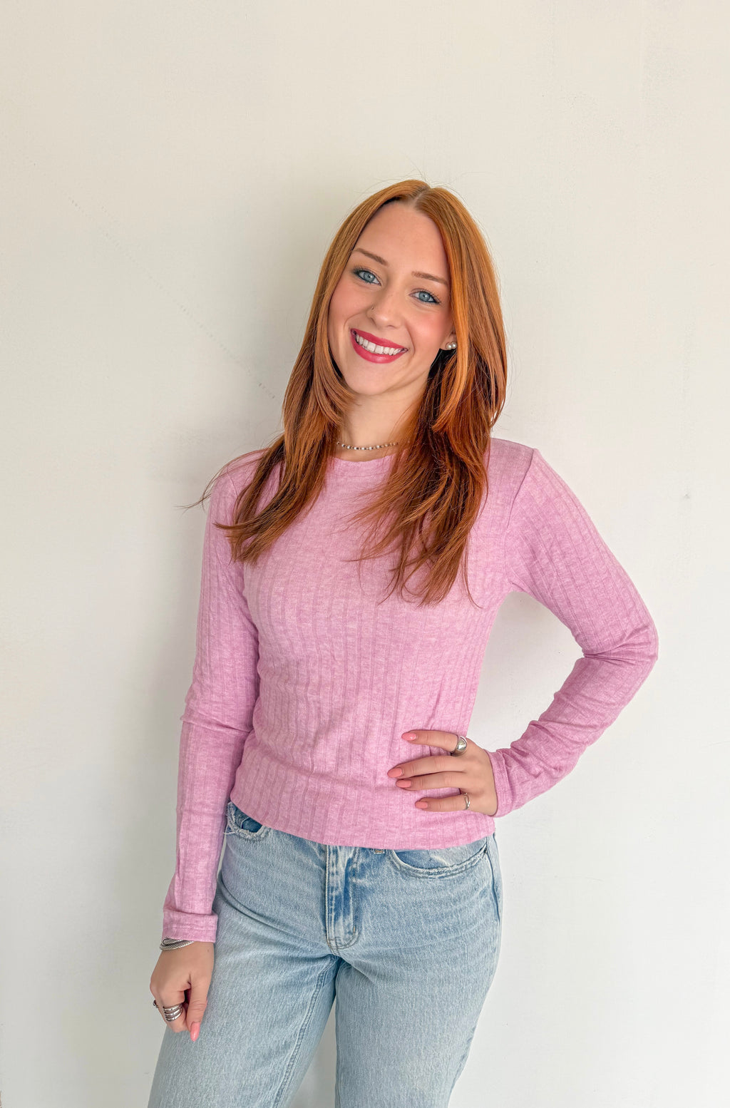 Soft Ribbed Long Sleeve Top- Mauve