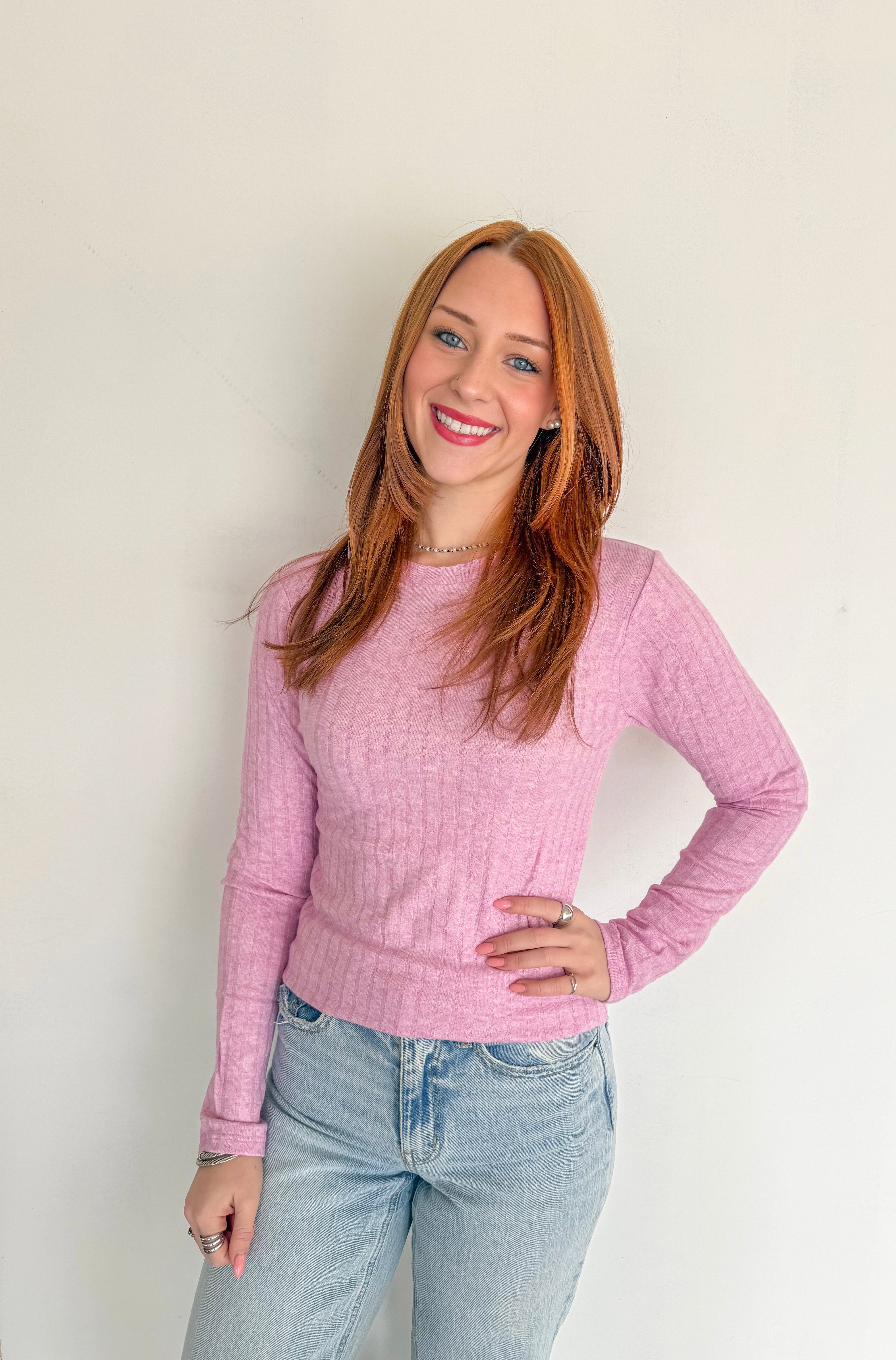 Soft Ribbed Long Sleeve Top- Mauve