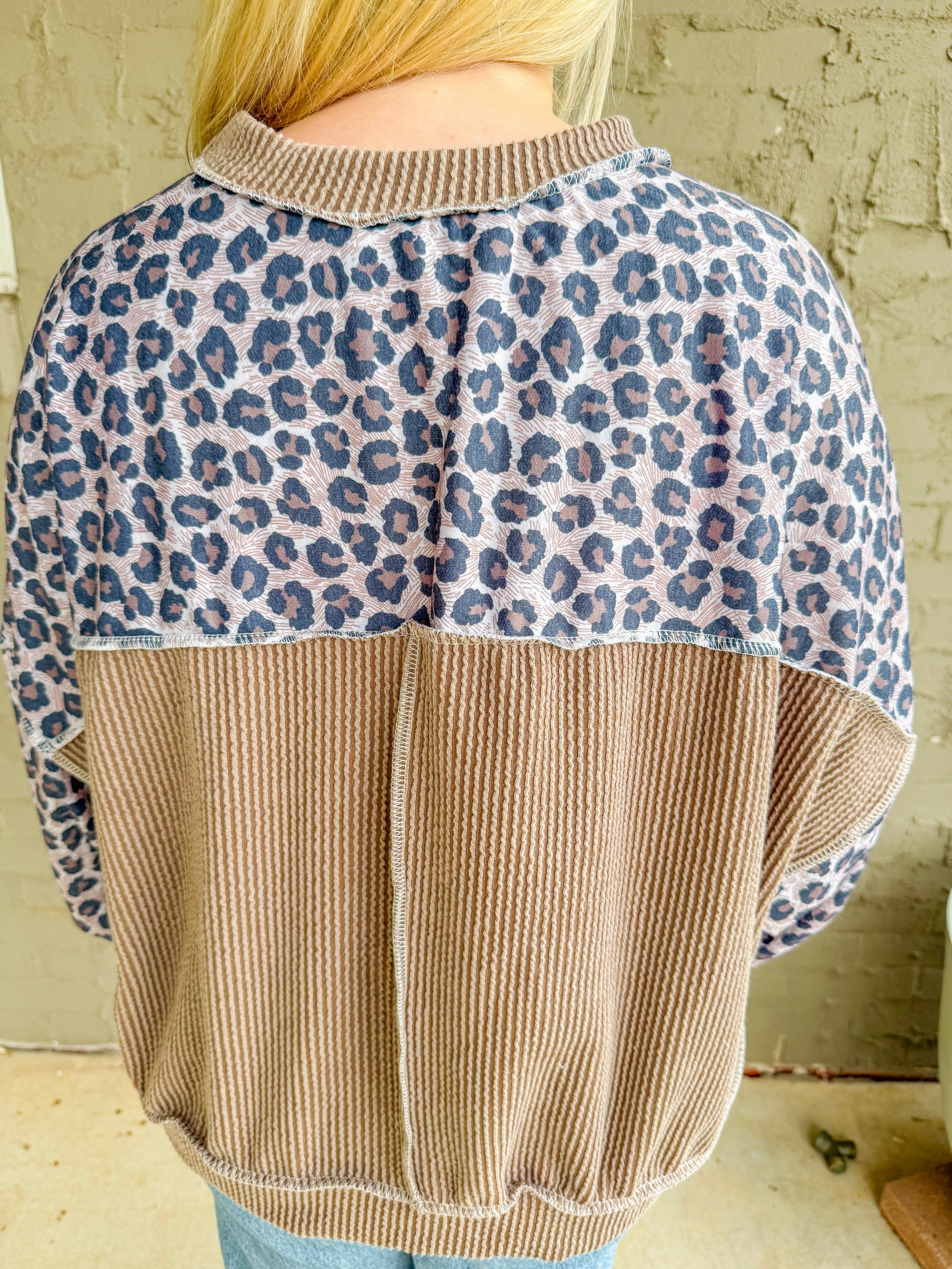 Leopard Reverse Stitch Pullover Top- Taupe