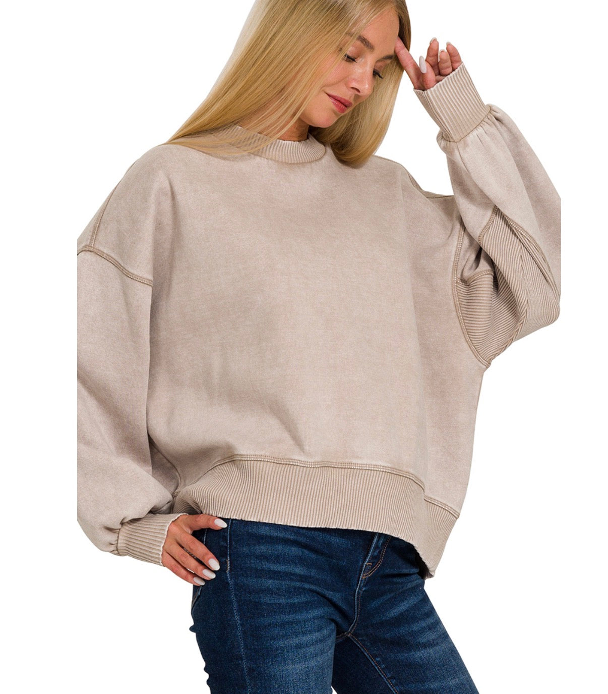 Acid Wash Fleece Oversized Pullover- Ash Mocha