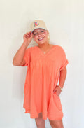 Raw Edge Gauze V-Neck Dress- Coral