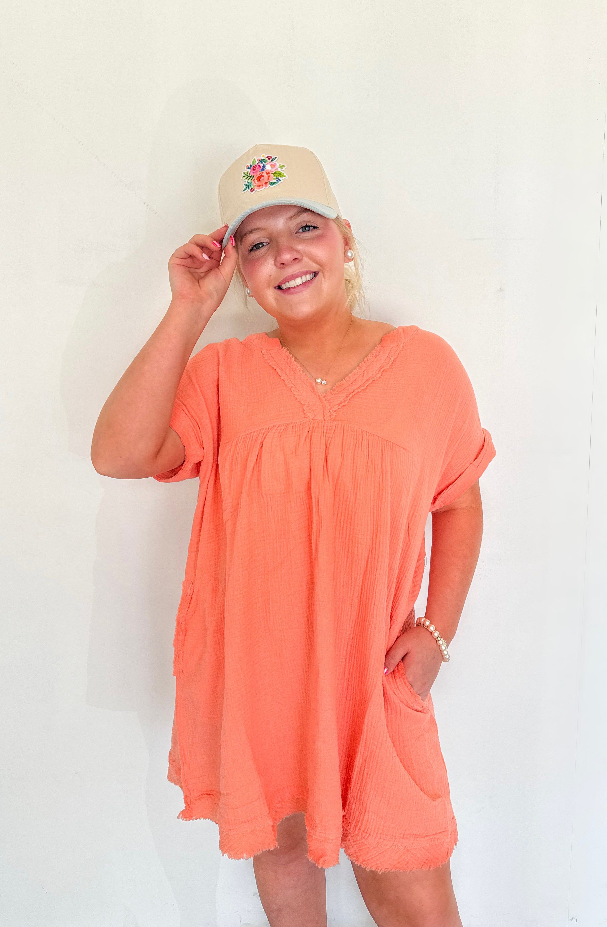 Raw Edge Gauze V-Neck Dress- Coral