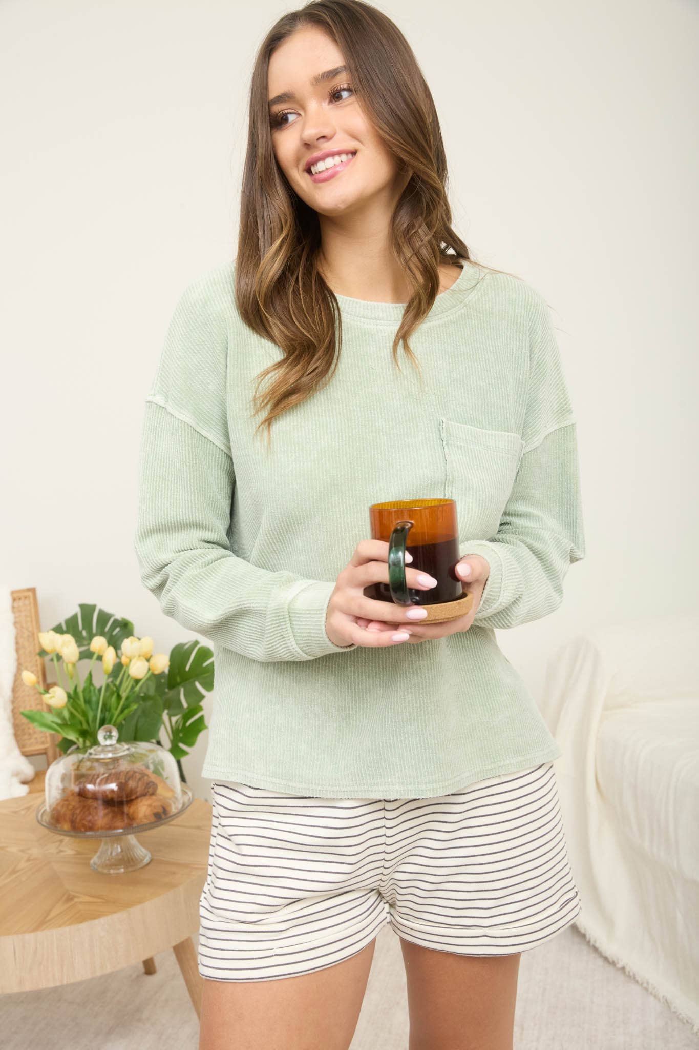 Washed Rib Knit Long Sleeve Top- Light Green