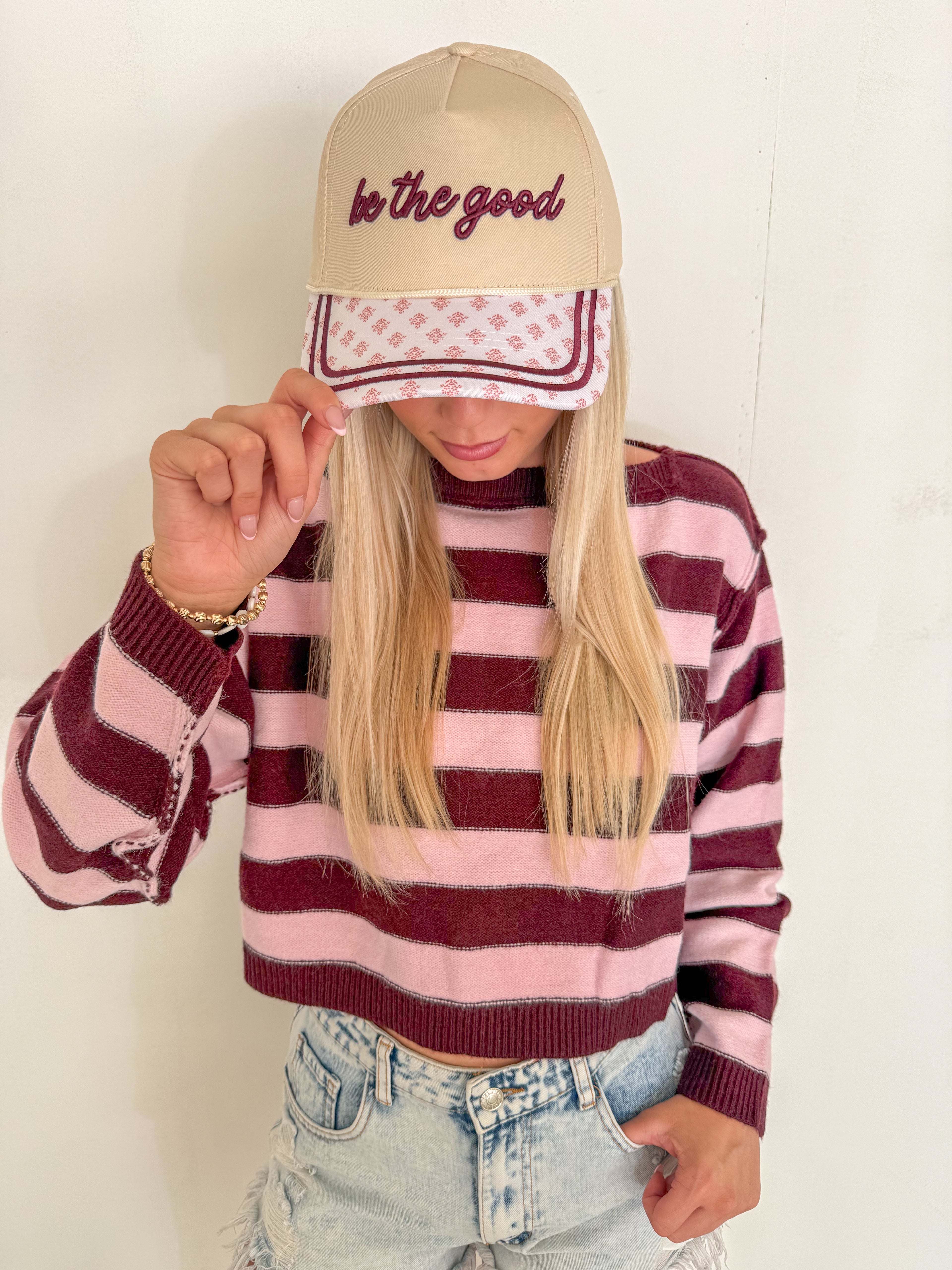 Burgundy Stripe Exposed Seam Cropped Sweater- Burgundy & Pink