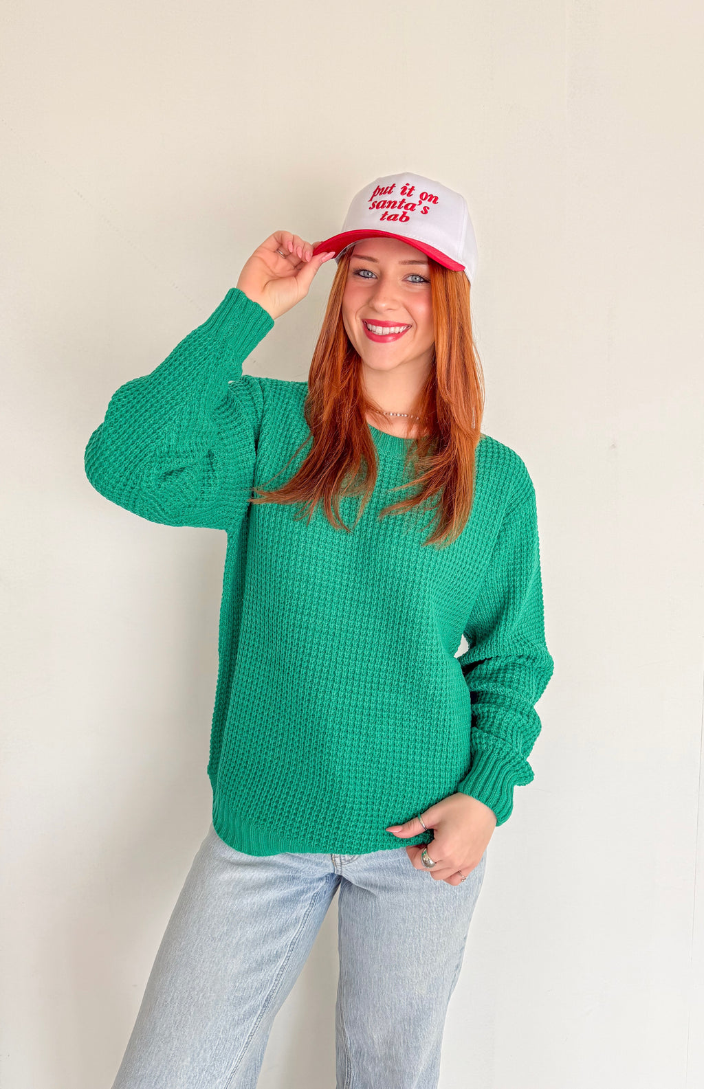 Oversized Round neck Waffle Sweater- Kelly Green