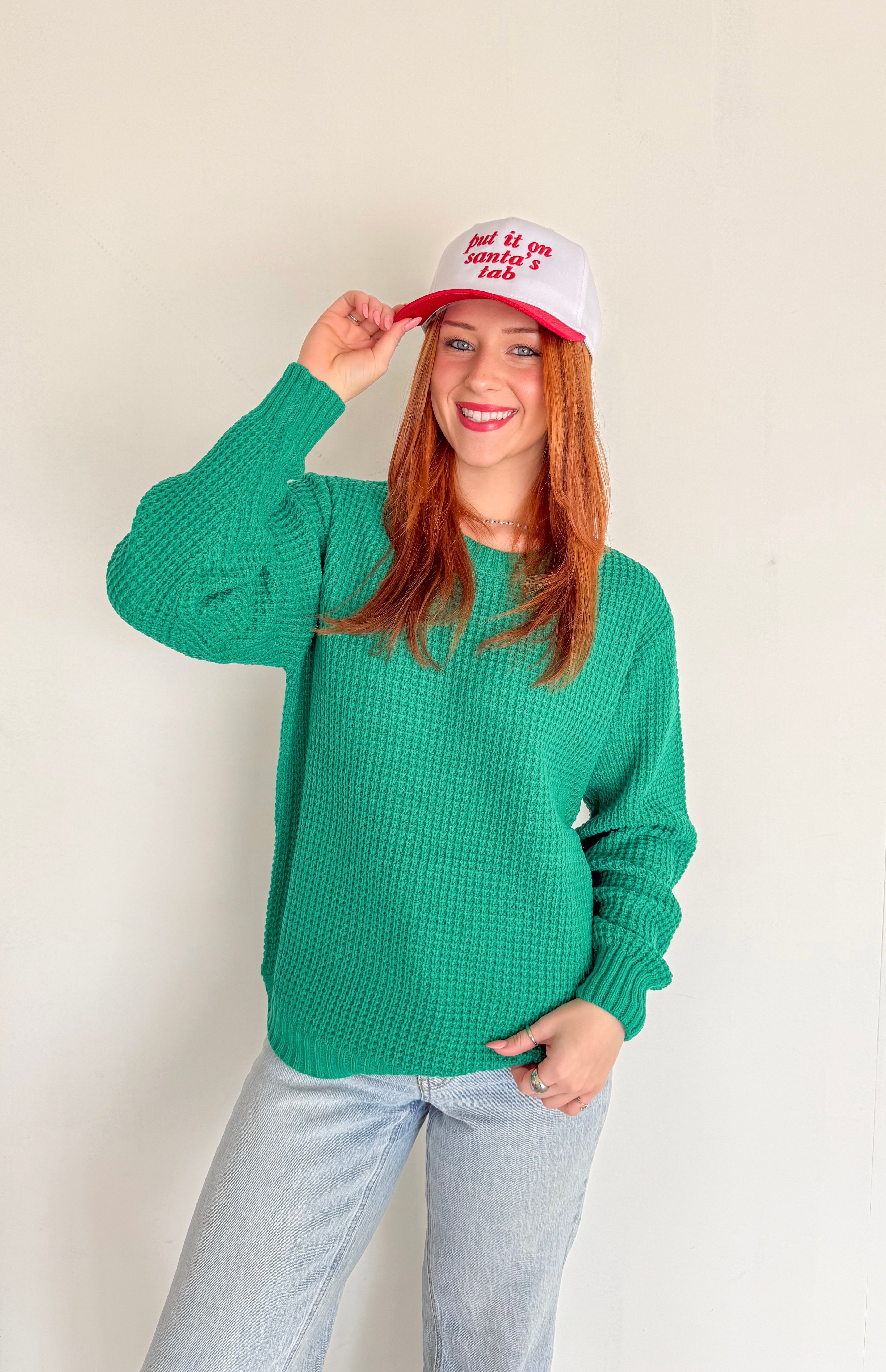 Oversized Round neck Waffle Sweater- Kelly Green