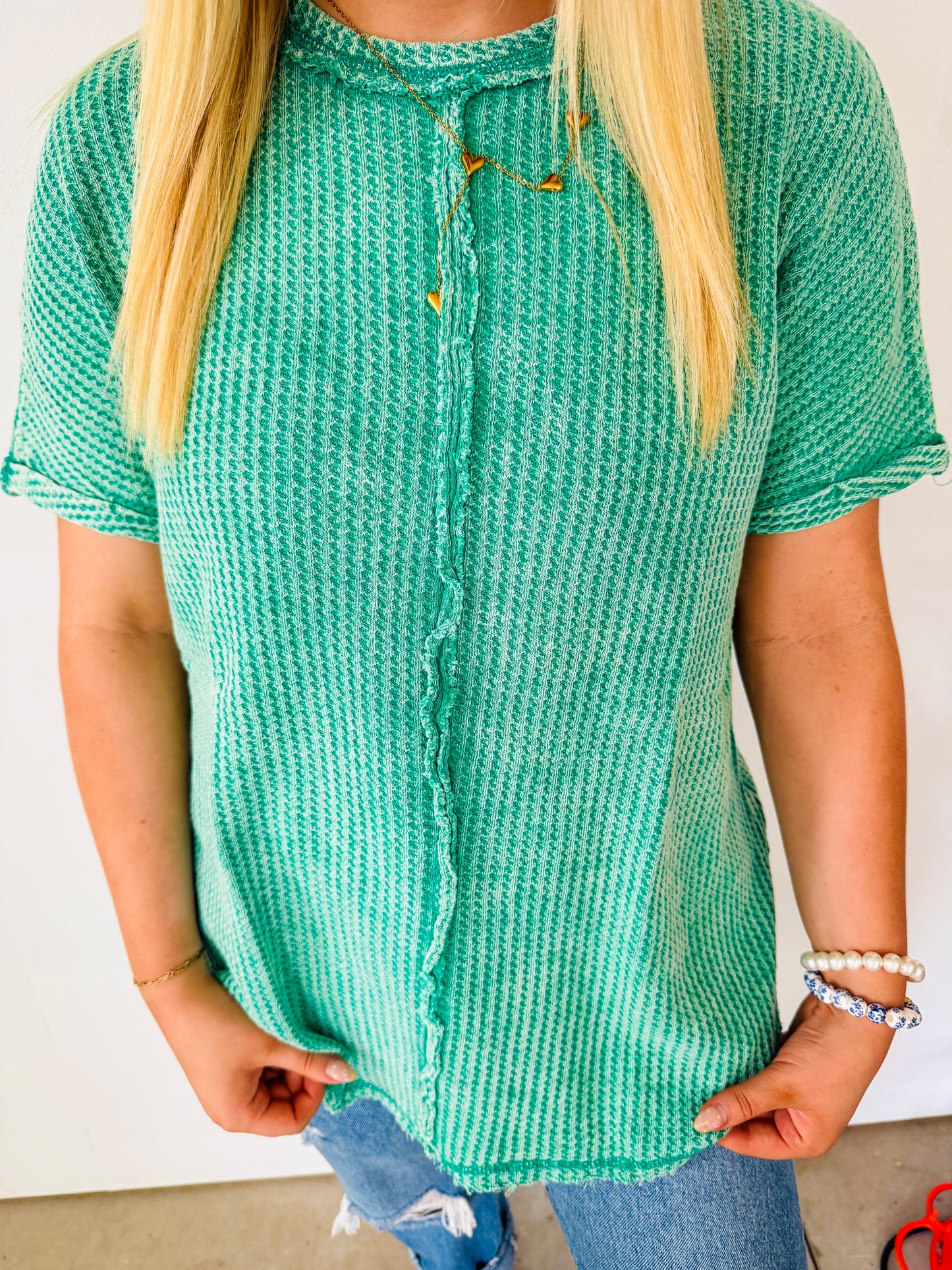 Waffle Short Sleeve Top- Kelly Green