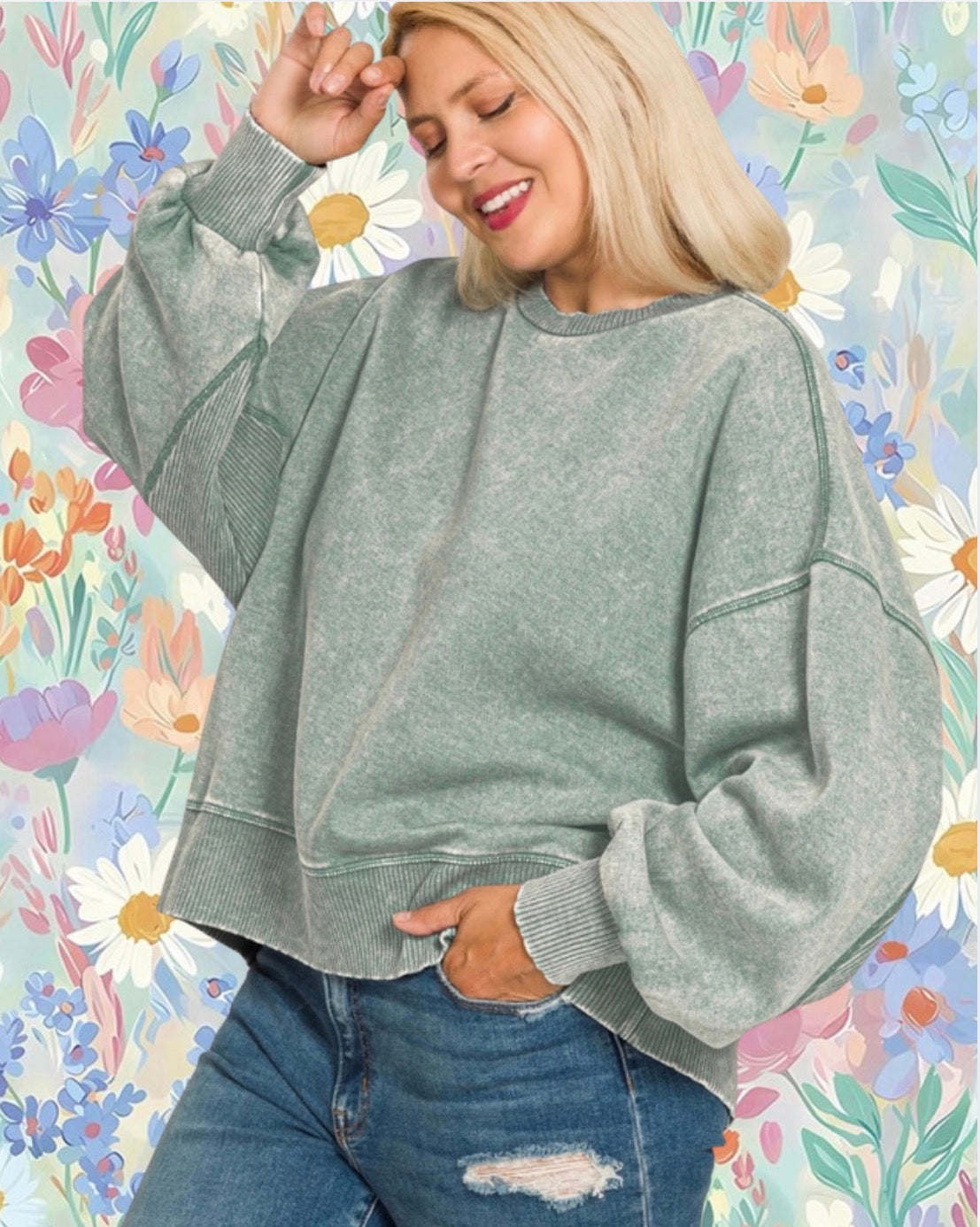 Acid Wash Fleece Oversized Pullover- Ash Jade