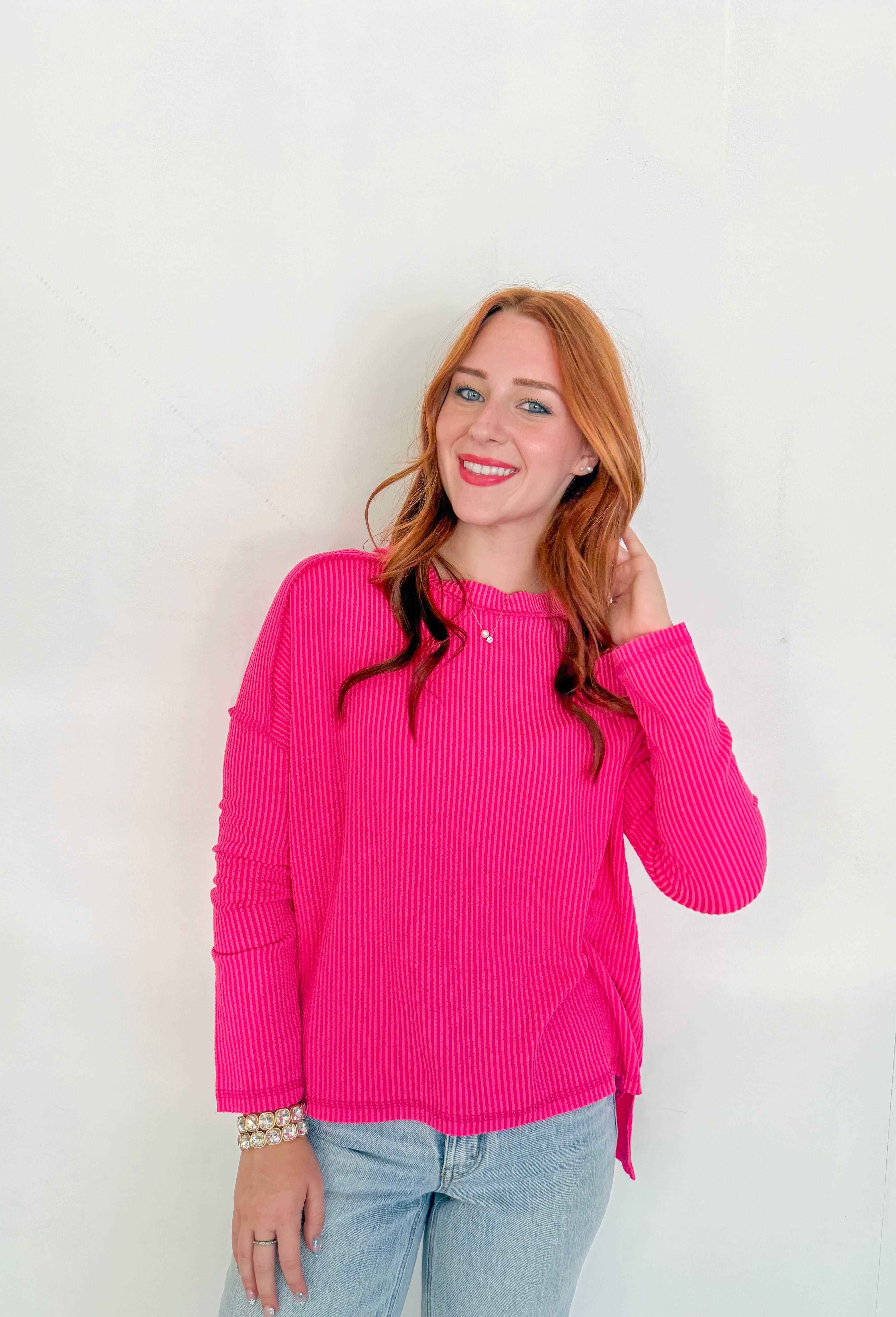 Ribbed Long Sleeve Top- Hot Pink