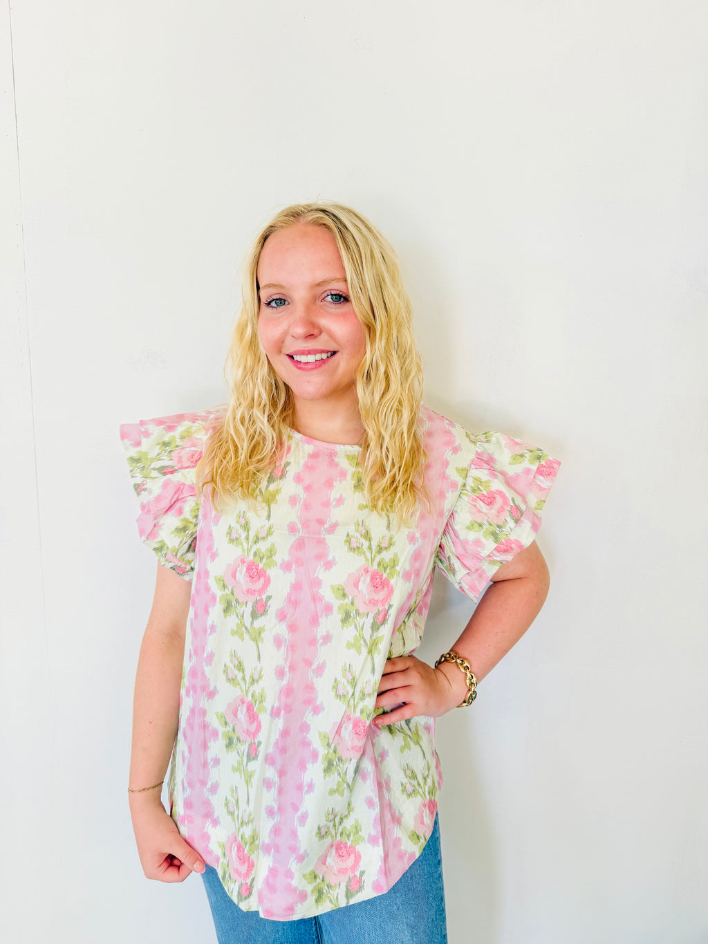 Pink Floral Print Striped Ruffled Sleeve Top
