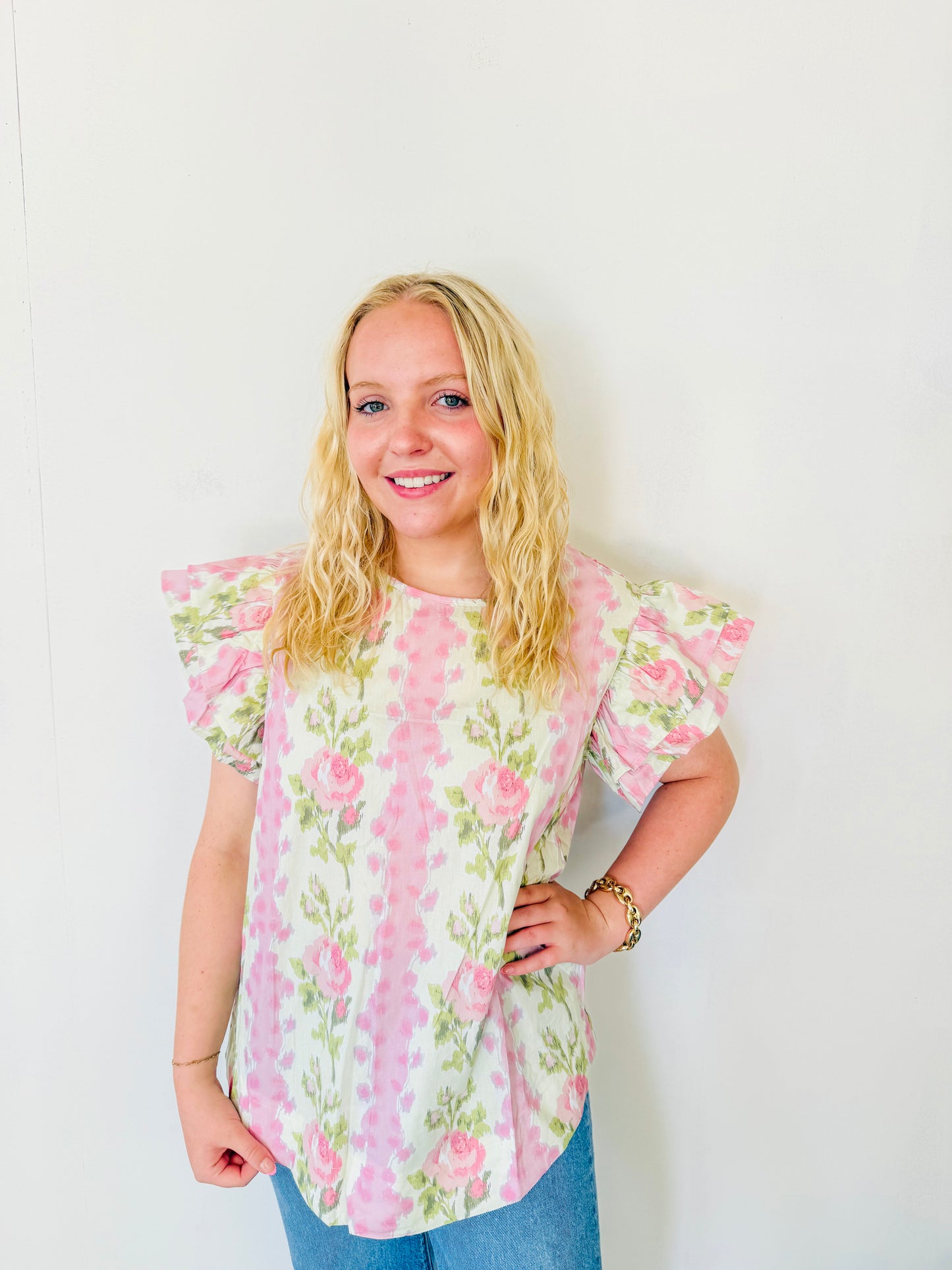 Pink Floral Print Striped Ruffled Sleeve Top