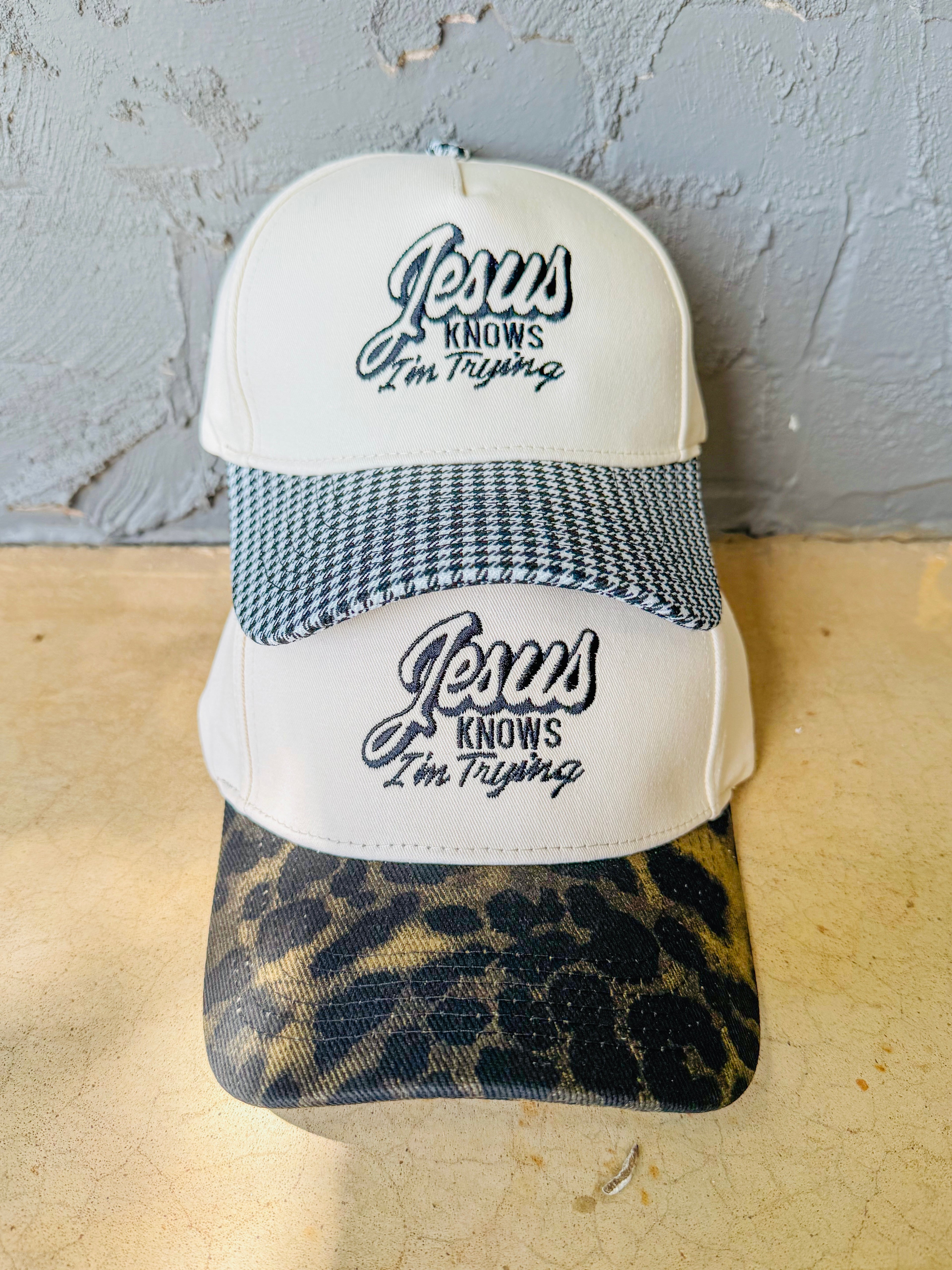 Jesus Knows I’m Trying Canvas Hat- Gingham and Leopard
