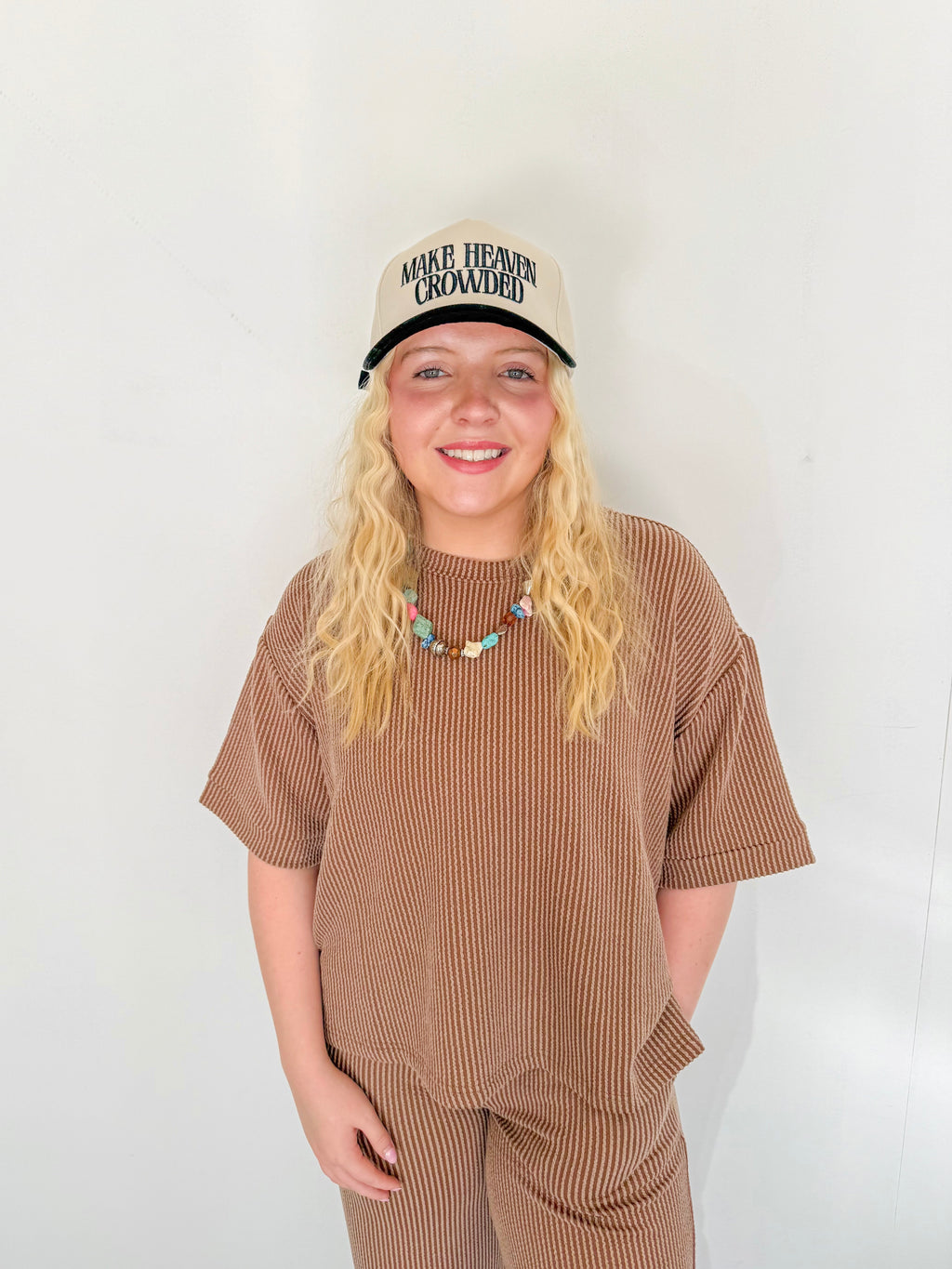 Ribbed Short Sleeve Tee & Pant Matching Set- Brown