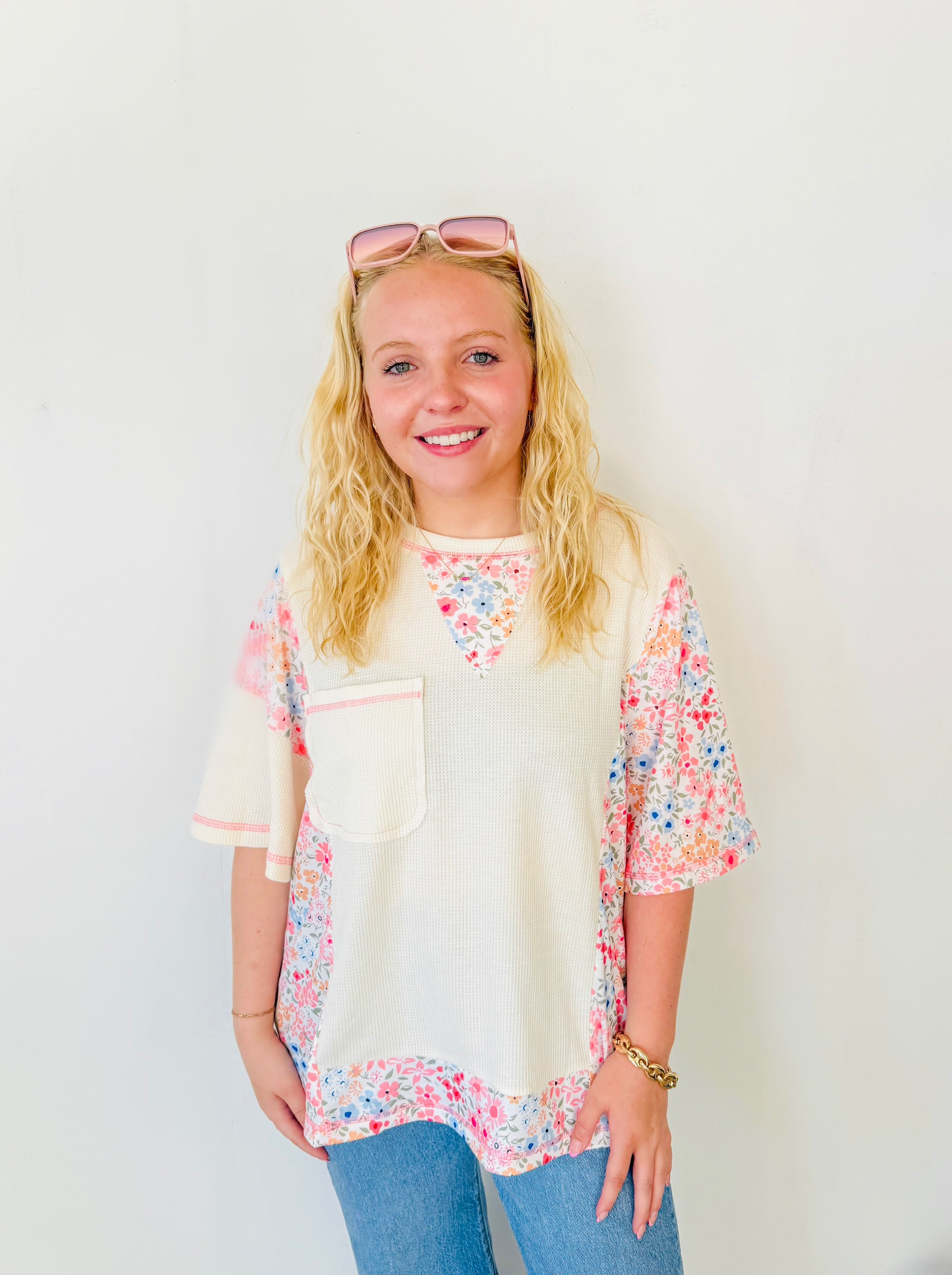 Beige Floral Patchwork Chest Pocket Wide Sleeve Waffle Top