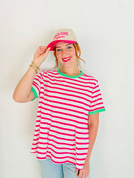 Waffle Knit Stripe Contrast Trim Top- Pink & Green