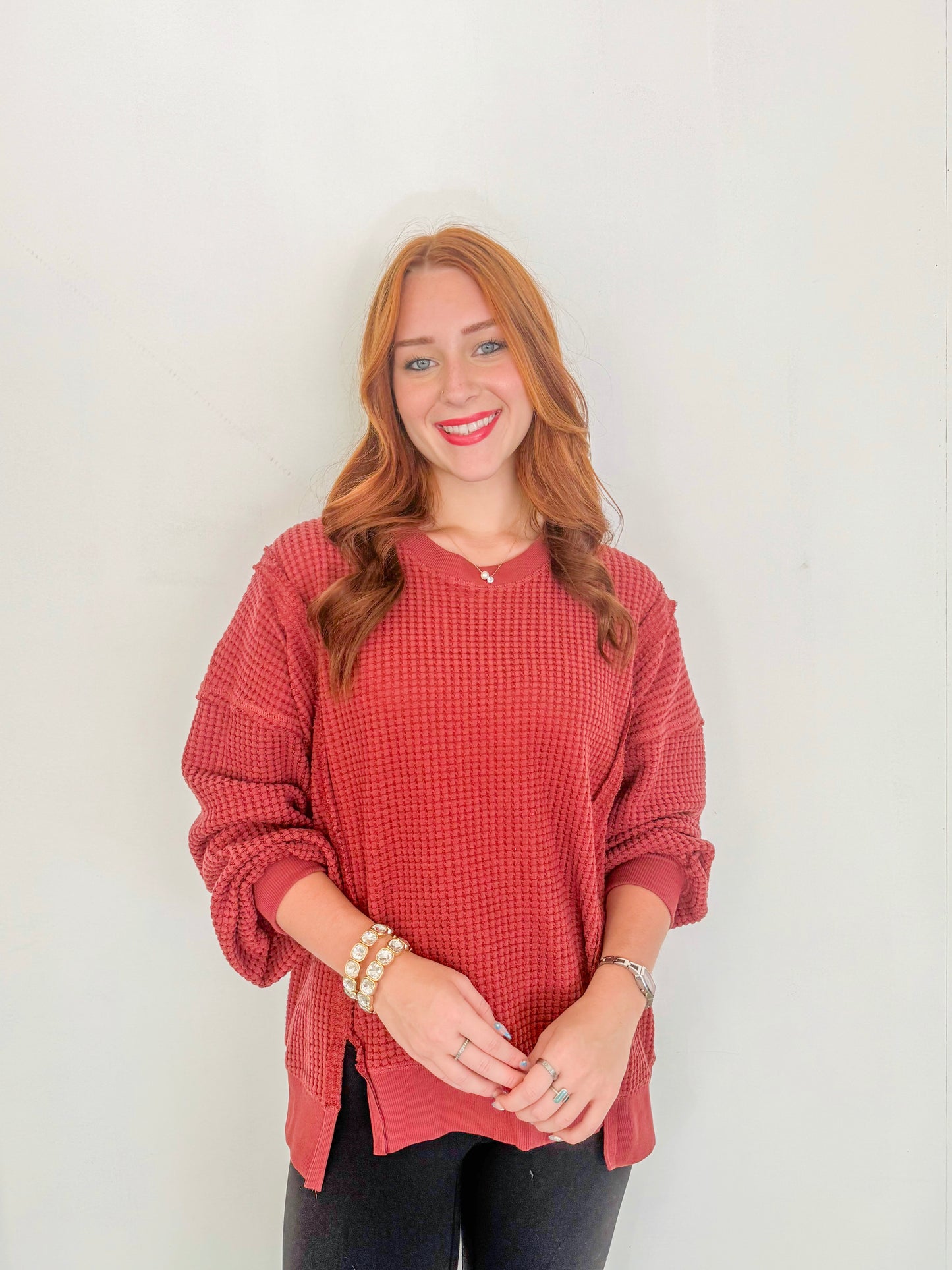 Oversized Waffle Knit Sweater- Red