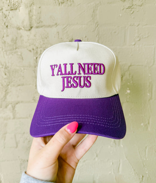 Y’all Need Jesus Canvas Trucker Hat- Purple