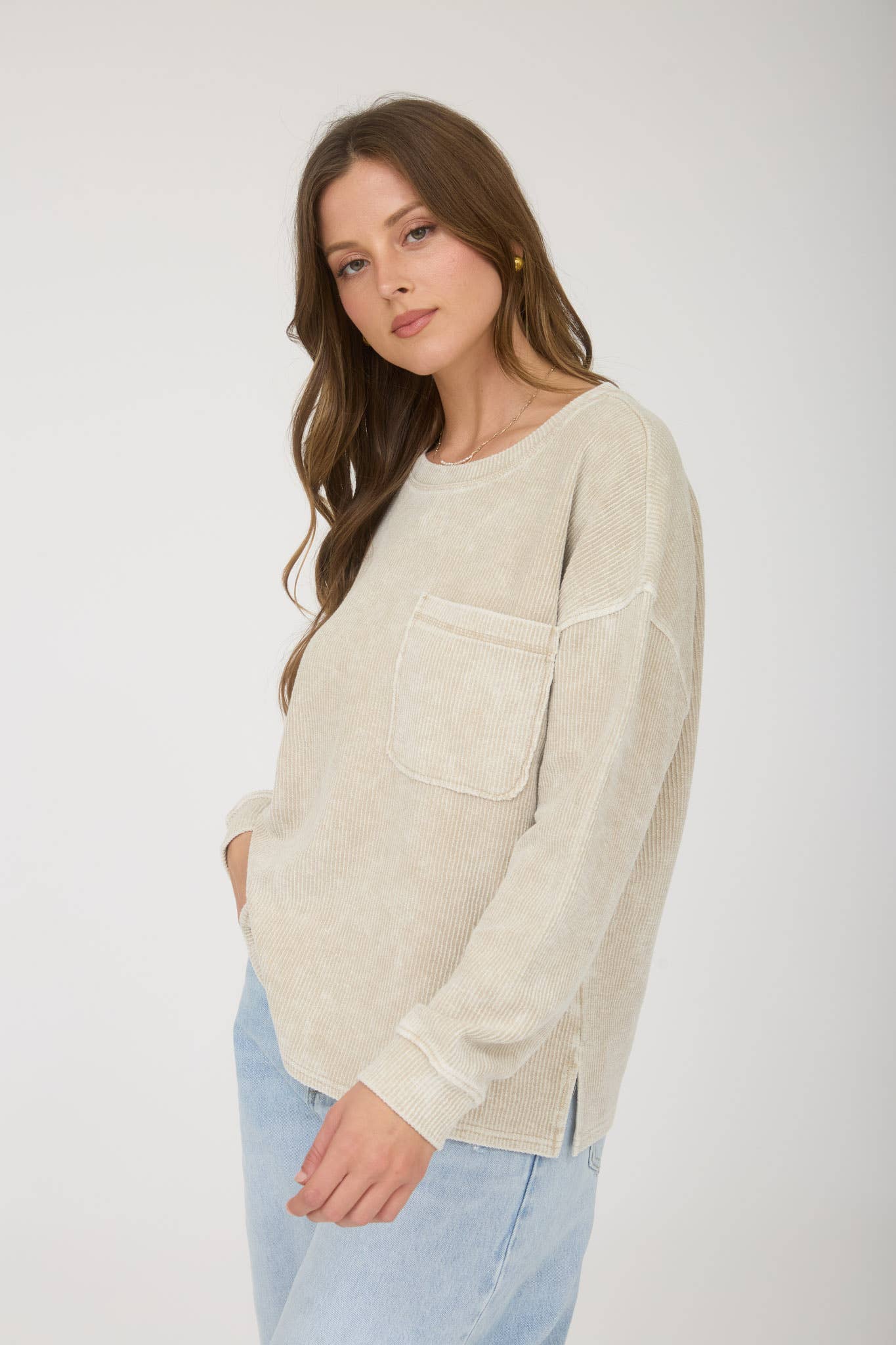 Washed Rib Knit Long Sleeve Top- Ash Mocha