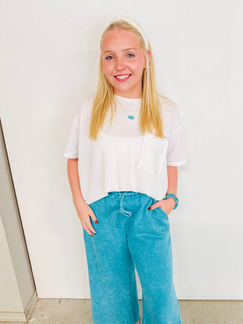 Acid Wash Fleece Sweatpants w/ Pockets- Teal