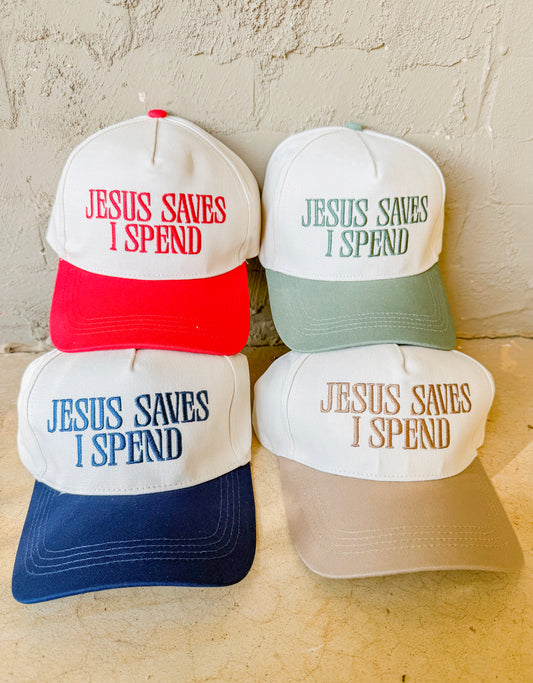 Jesus Saved I Spend Canvas Trucker Hat- 4 Colors
