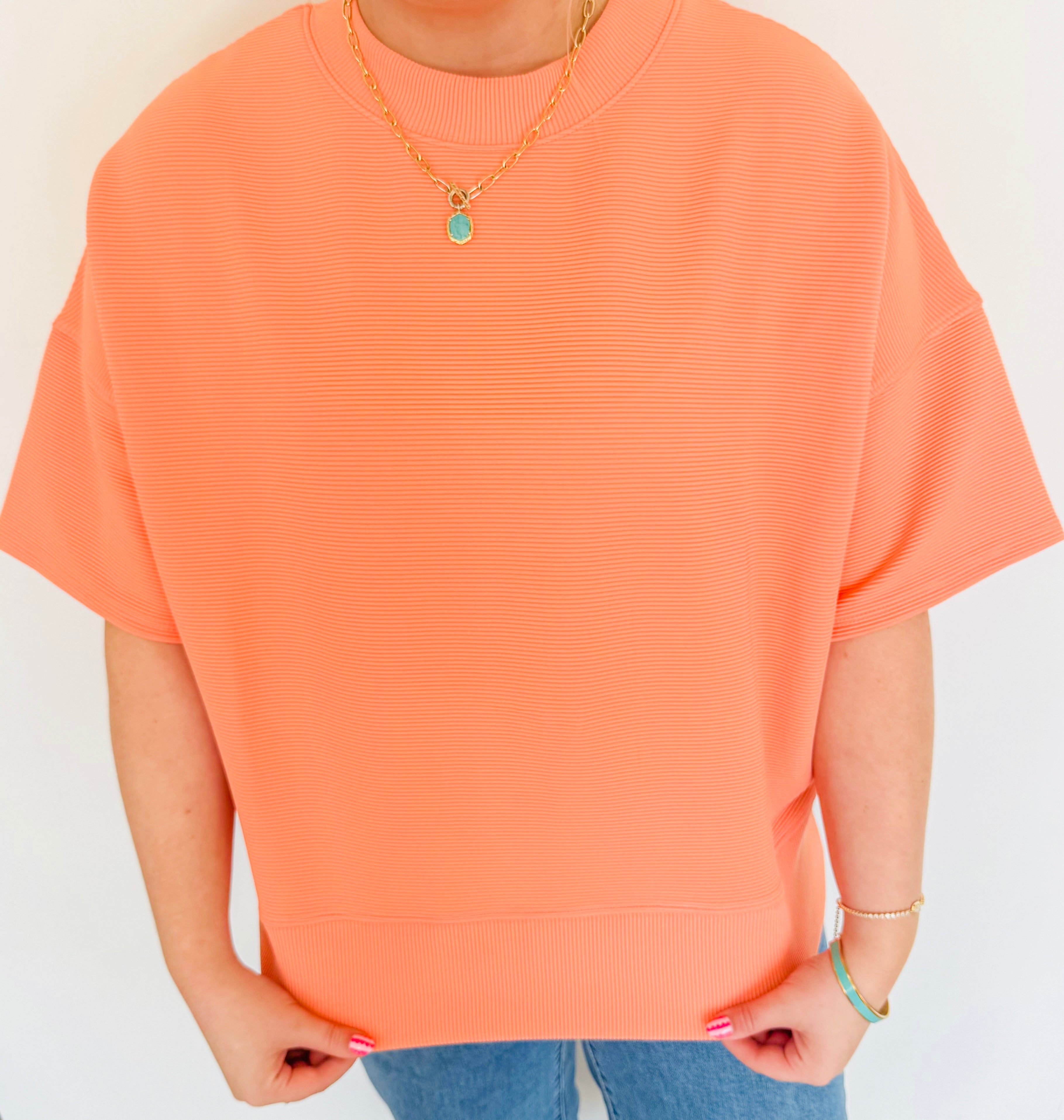 Ribbed Round Neck Top- Coral
