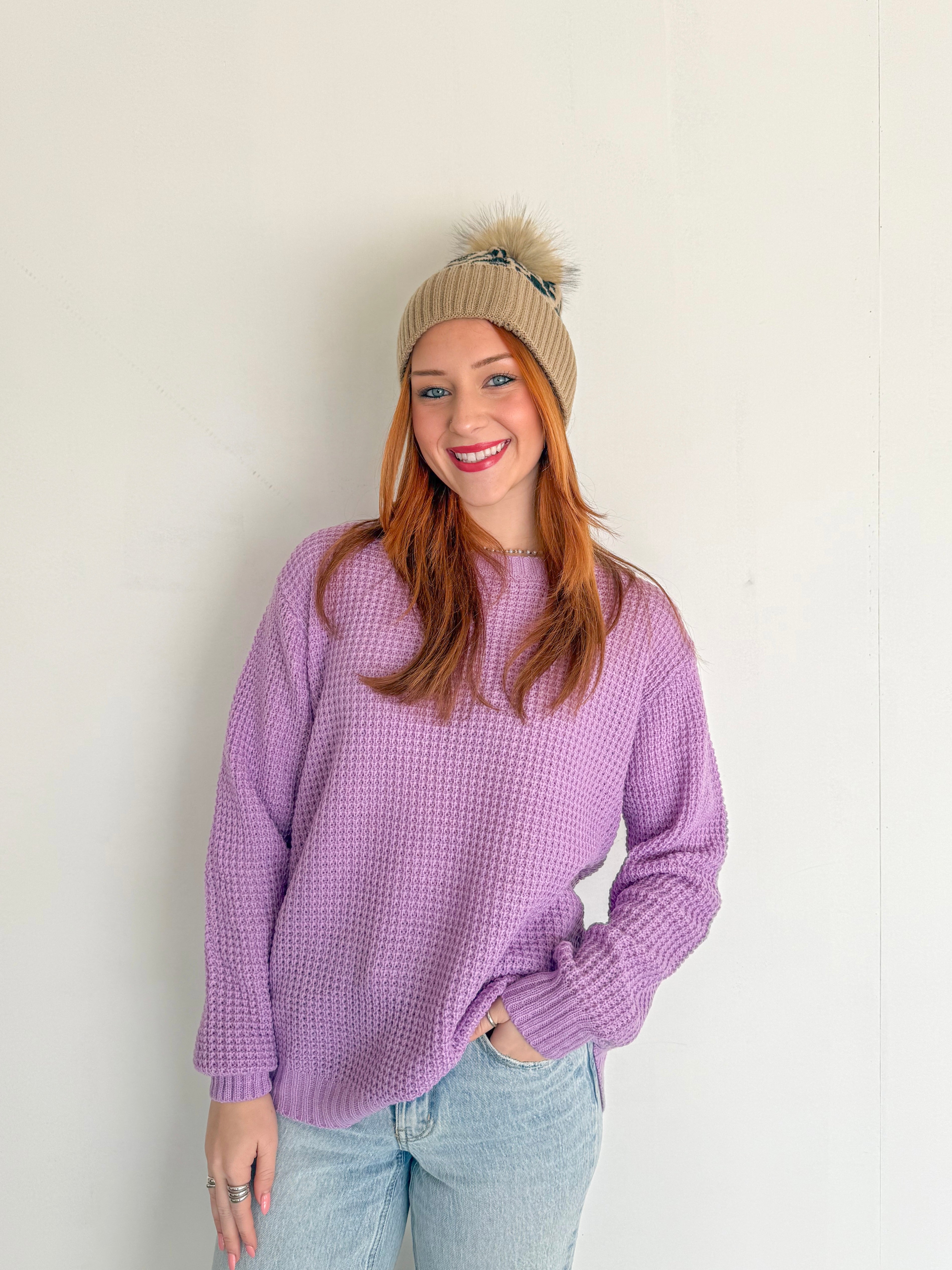Oversized Round neck Waffle Sweater- Lavender