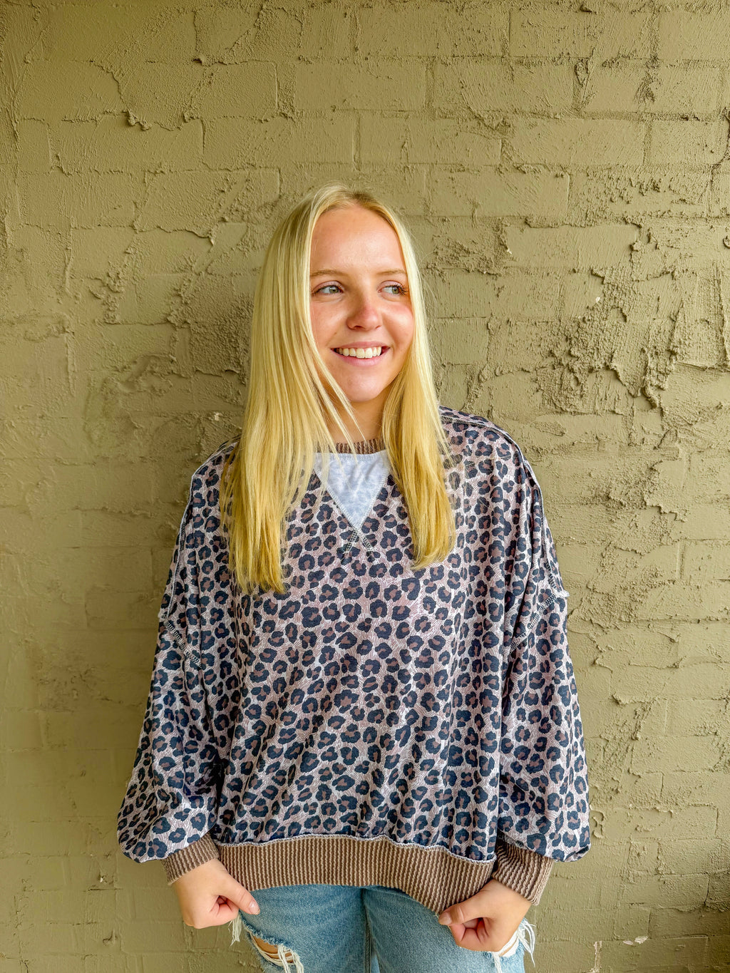 Leopard Reverse Stitch Pullover Top- Taupe