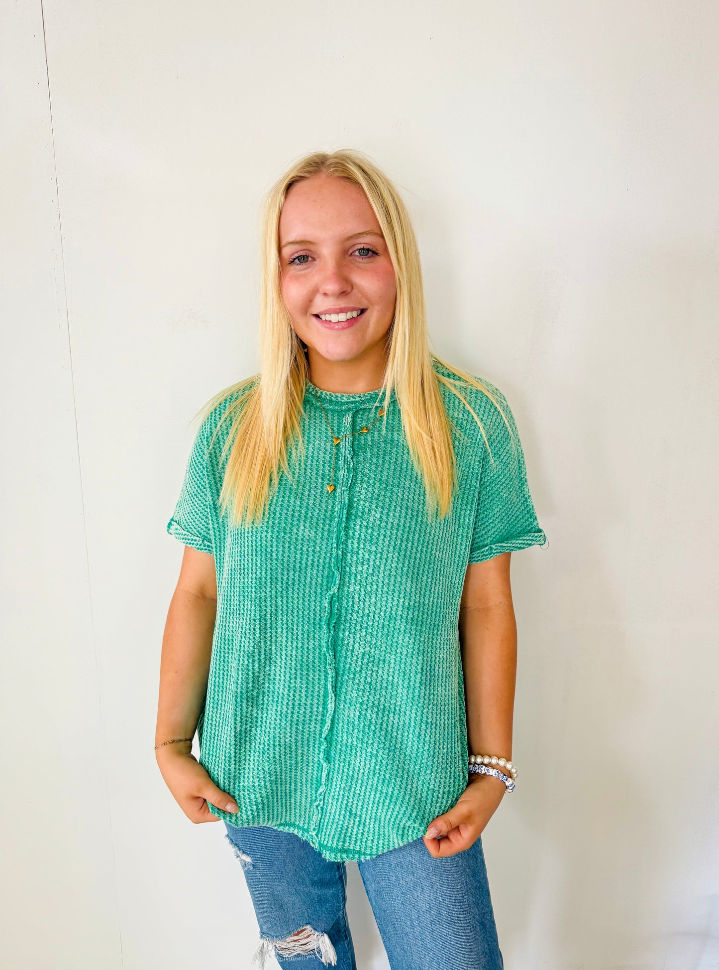 Waffle Short Sleeve Top- Kelly Green