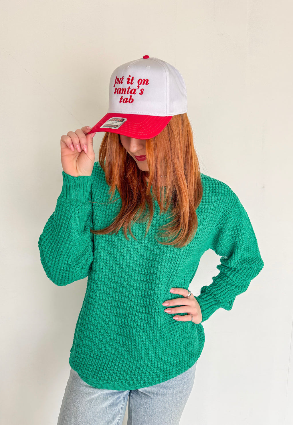 Oversized Round neck Waffle Sweater- Kelly Green