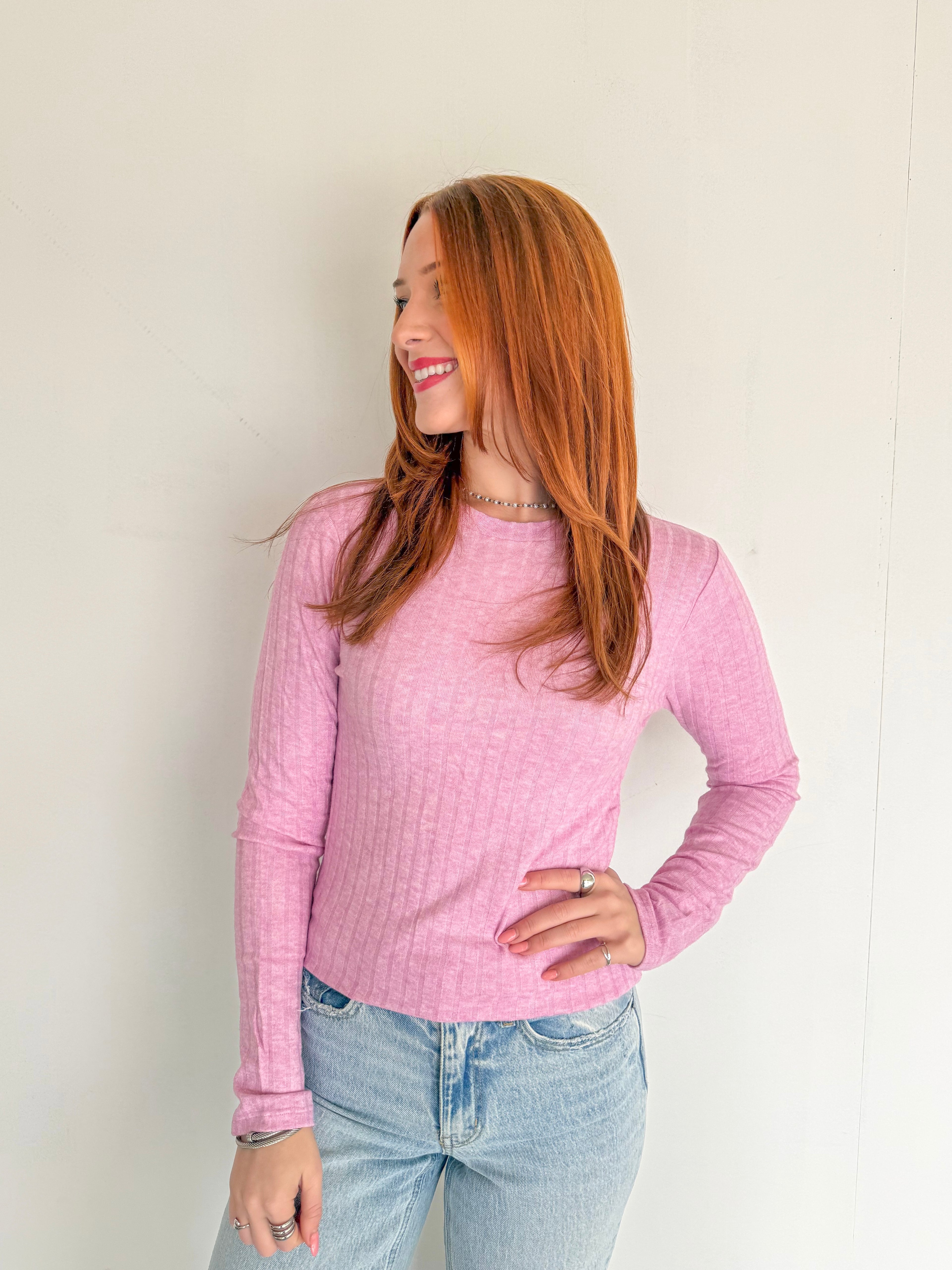 Soft Ribbed Long Sleeve Top- Mauve