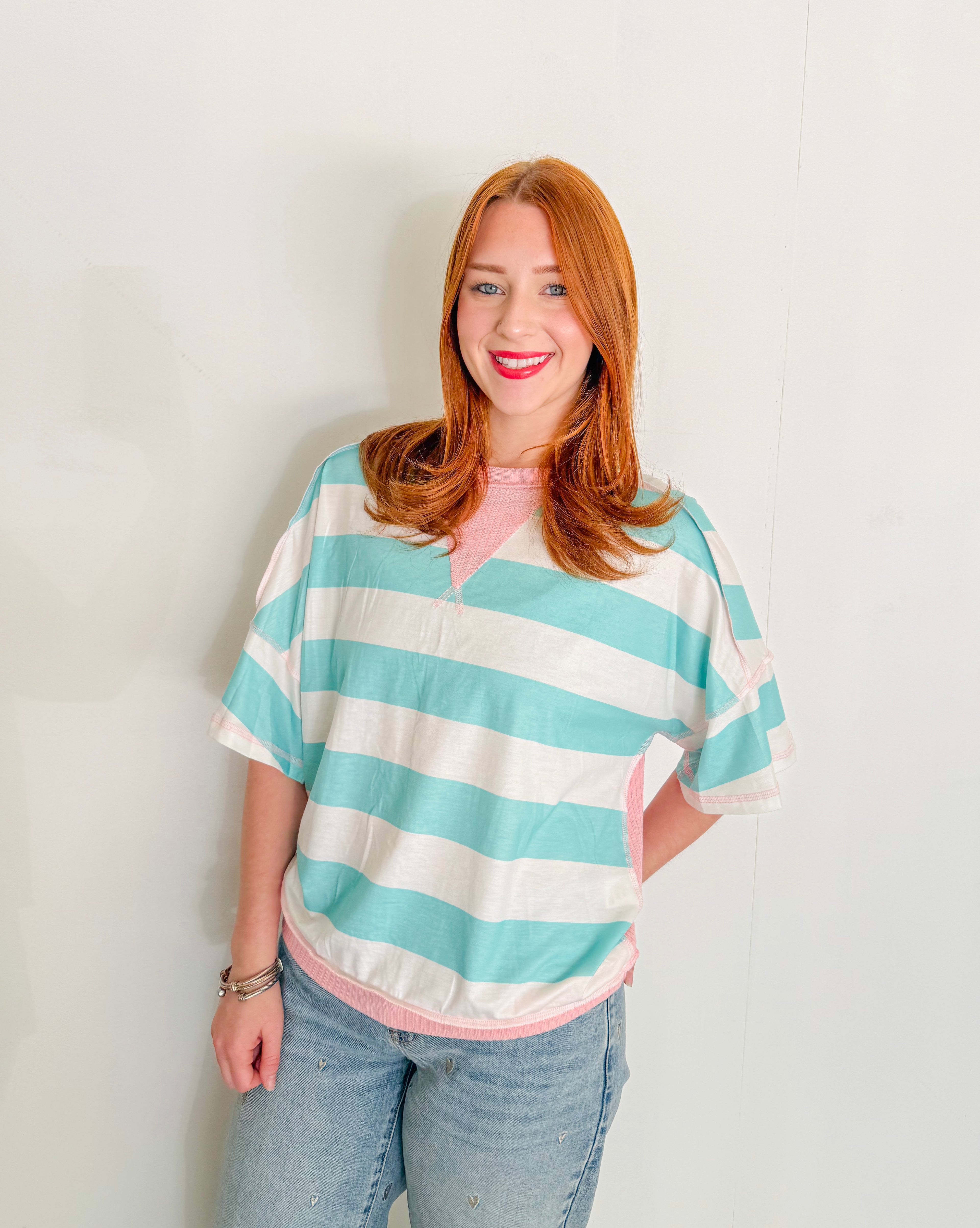 Stripe Exposed Seam Ribbed Patchwork Tee- Turquoise & Pink
