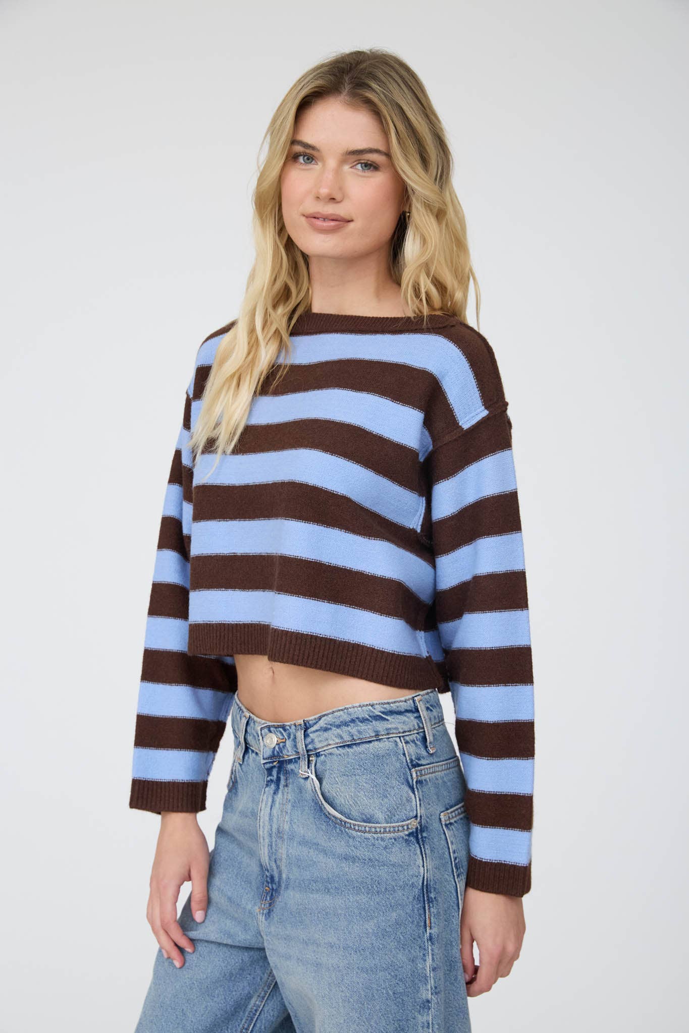 Stripe Exposed Seam Cropped Sweater- Blue & Brown